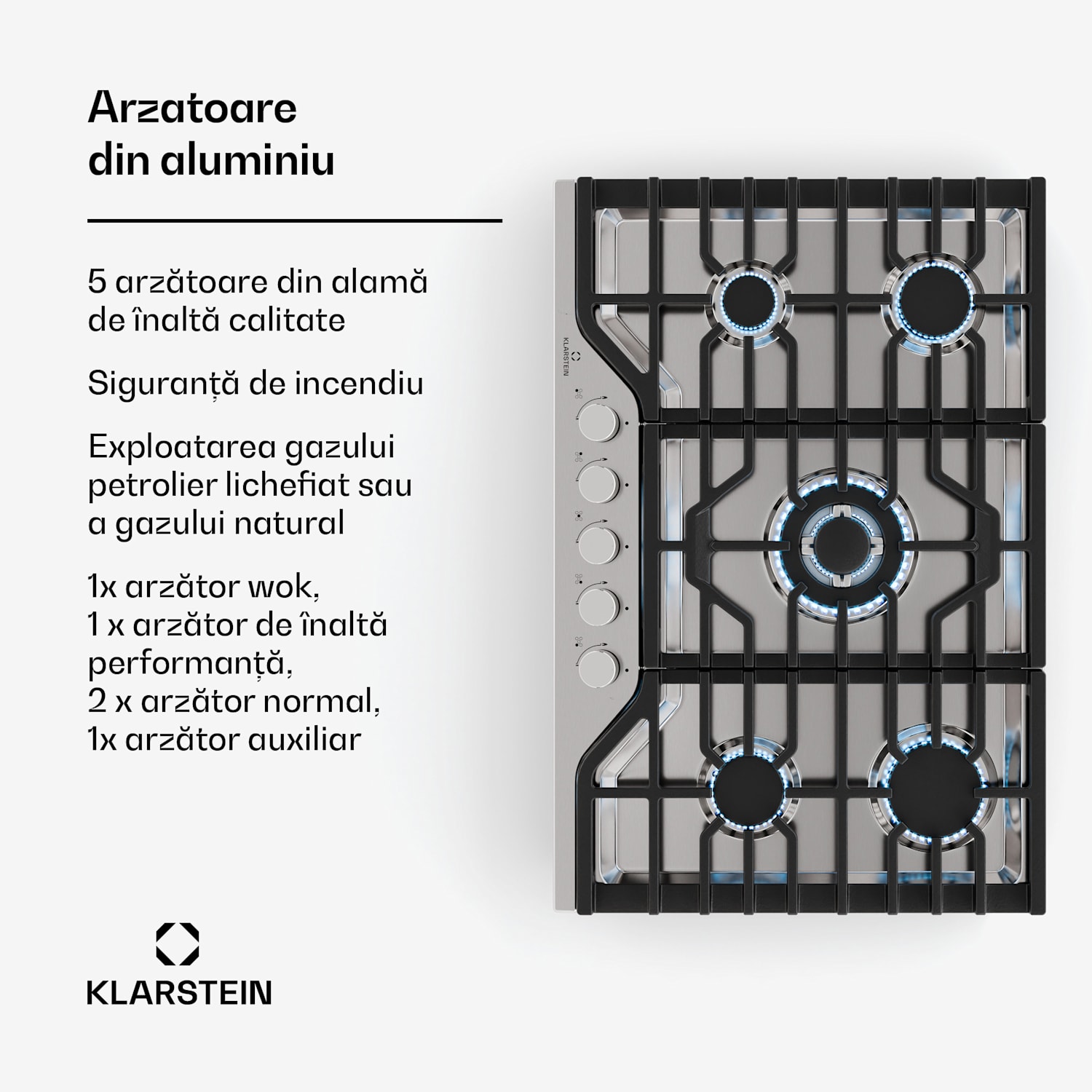 Turbocast plită pe gaz, Oțel inoxidabil 304, 5 arzătoare, Suport profesional din fontă, Arzător wok 75 cm | Oțel inoxidabil | Argintiu
