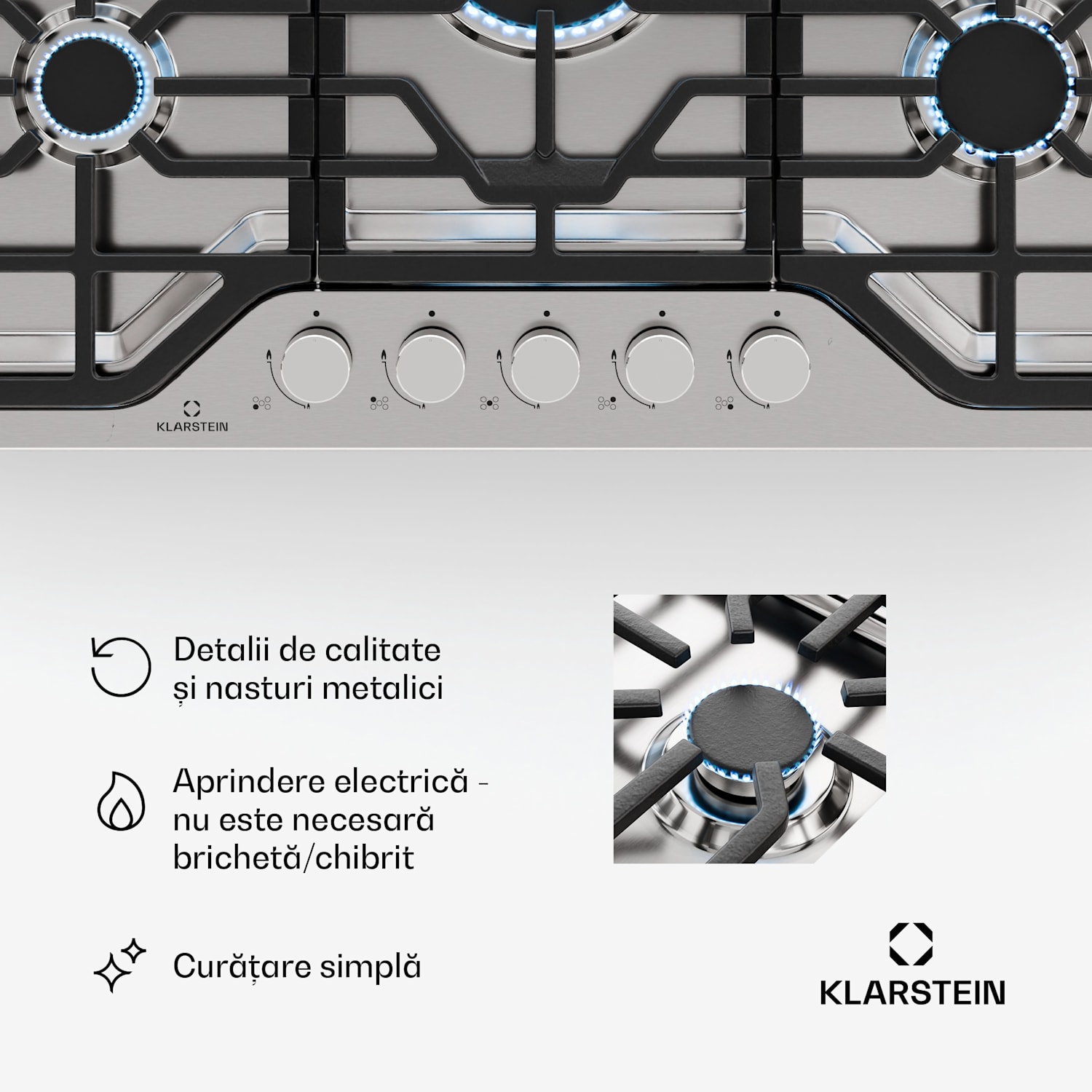 Turbocast plită pe gaz, Oțel inoxidabil 304, 5 arzătoare, Suport profesional din fontă, Arzător wok 75 cm | Oțel inoxidabil | Argintiu