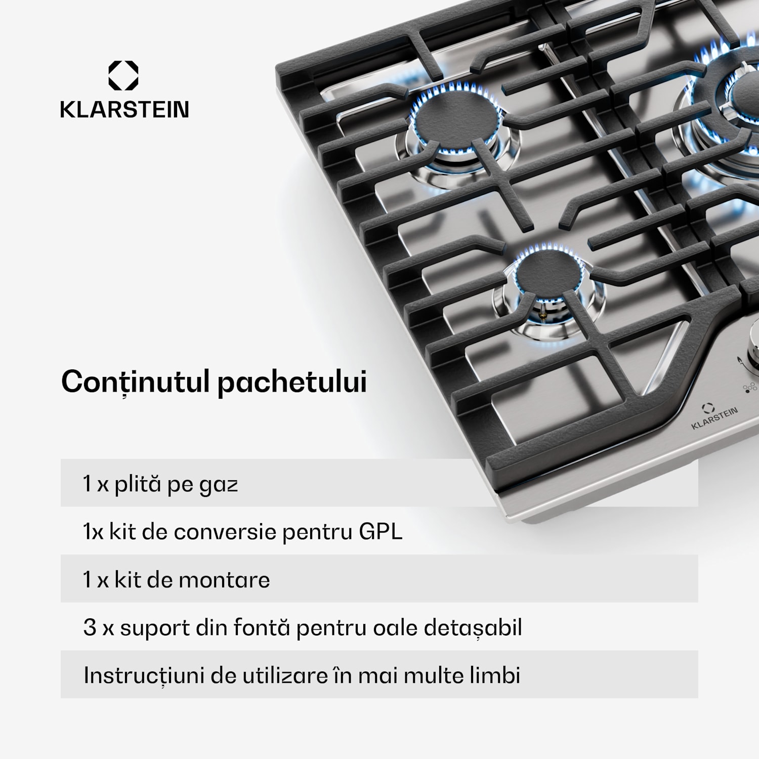 Turbocast plită pe gaz, Oțel inoxidabil 304, 5 arzătoare, Suport profesional din fontă, Arzător wok 75 cm | Oțel inoxidabil | Argintiu