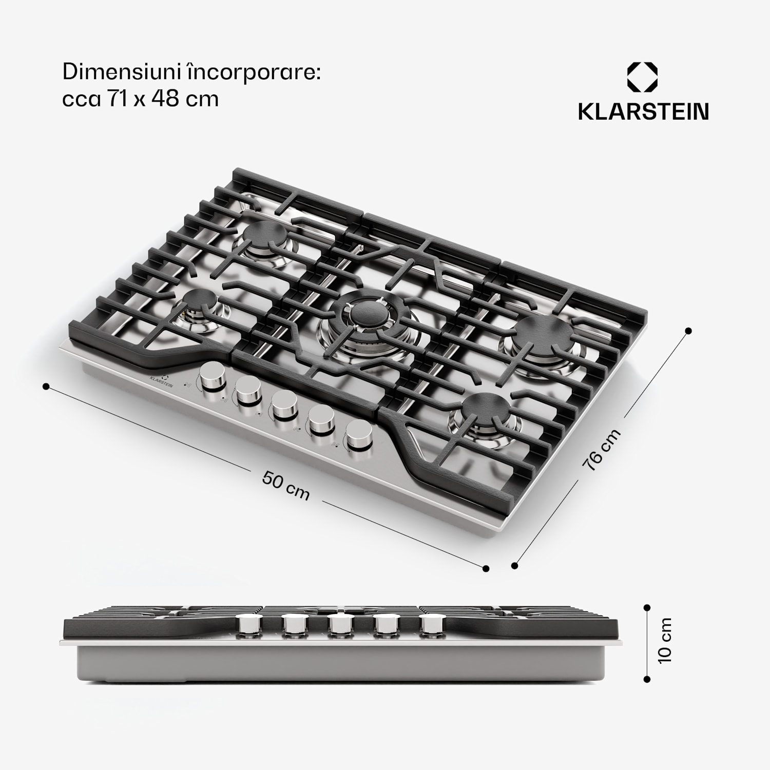 Turbocast plită pe gaz, Oțel inoxidabil 304, 5 arzătoare, Suport profesional din fontă, Arzător wok 75 cm | Oțel inoxidabil | Argintiu