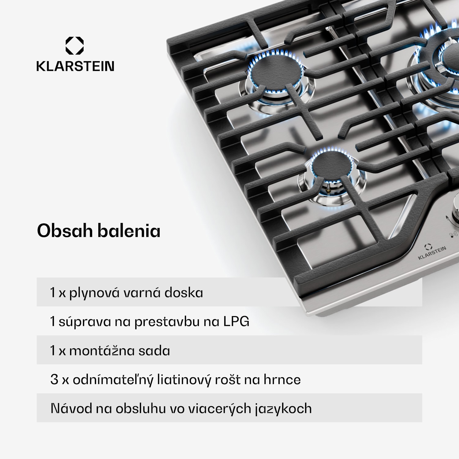 Turbocast plynová varná doska, 304 nehrdzavejúca oceľ, 5 horákov, profesionálny liatinový držiak, horák wok 75 cm | Nerezová oceľ | Strieborná