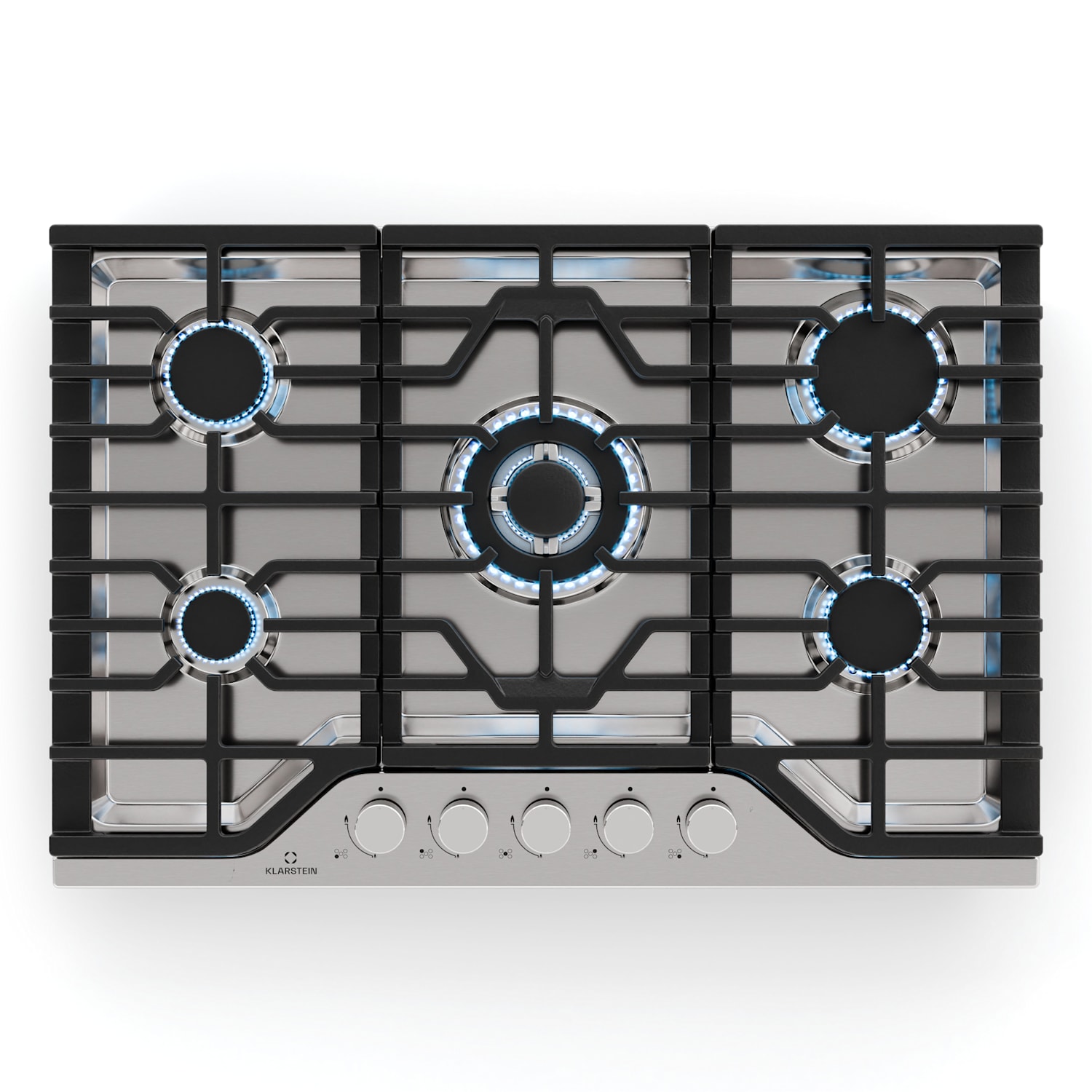 Turbocast Placa de gas | Acero inoxidable 304 | 5 quemadores | Soporte profesional de hierro fundido | Quemador wok 75 cm | Acero inoxidable | Plata