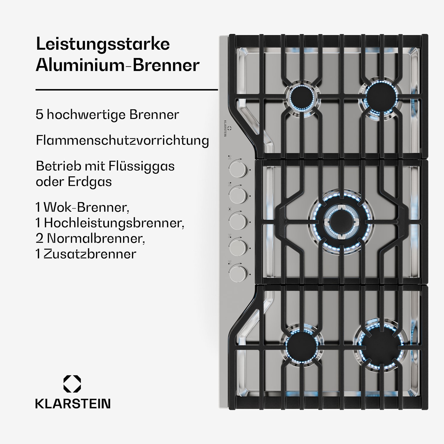 Turbocast piano cottura a gas | Acciaio inox 304 | 5 bruciatori | Portapentole professionale in ghisa | Bruciatore wok 90 cm | Acciaio inox | Argento