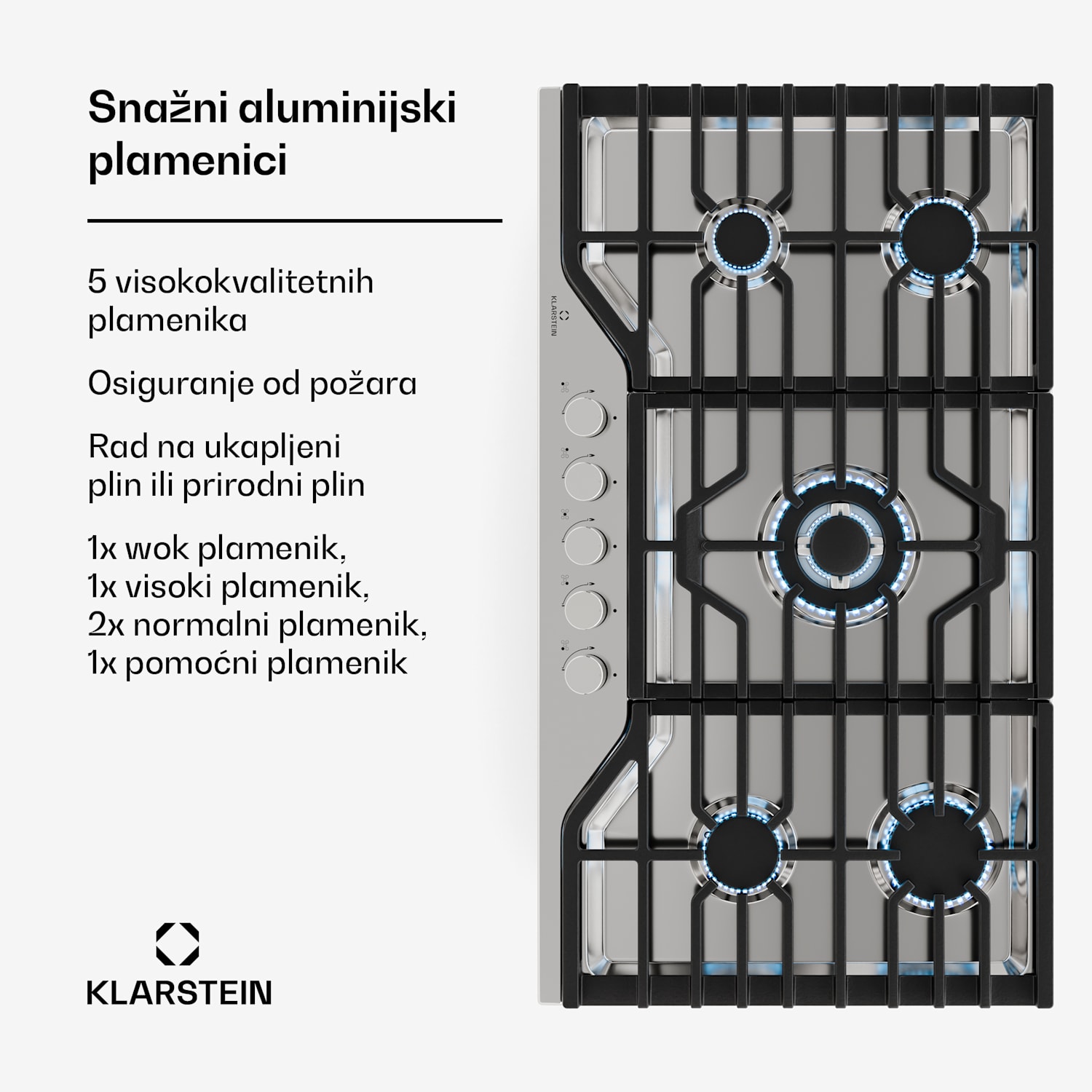Turbocast plinska ploča za kuhanje, 304 nehrđajući čelik, 5 plamenika, profesionalni nosač od lijevanog željeza, wok plamenik 