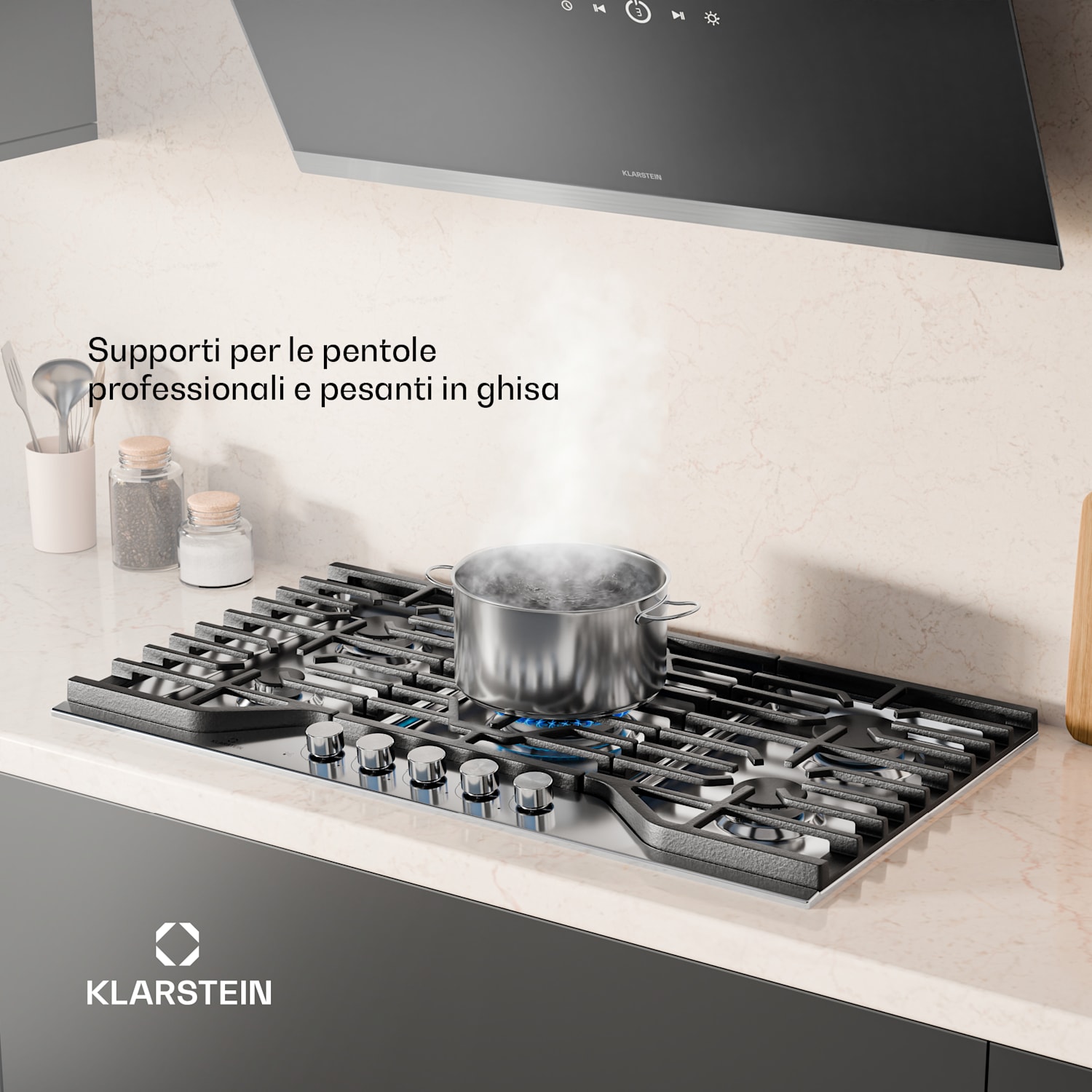 Turbocast piano cottura a gas | Acciaio inox 304 | 5 bruciatori | Portapentole professionale in ghisa | Bruciatore wok 90 cm | Acciaio inox | Argento