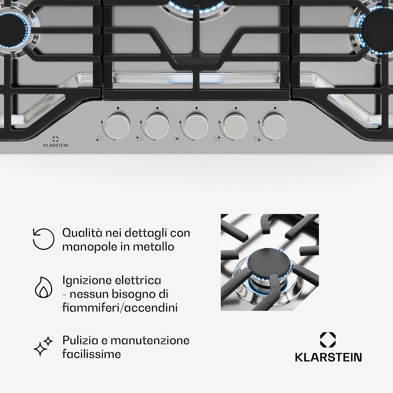 Turbocast piano cottura a gas | Acciaio inox 304 | 5 bruciatori | Portapentole professionale in ghisa | Bruciatore wok 90 cm | Acciaio inox | Argento