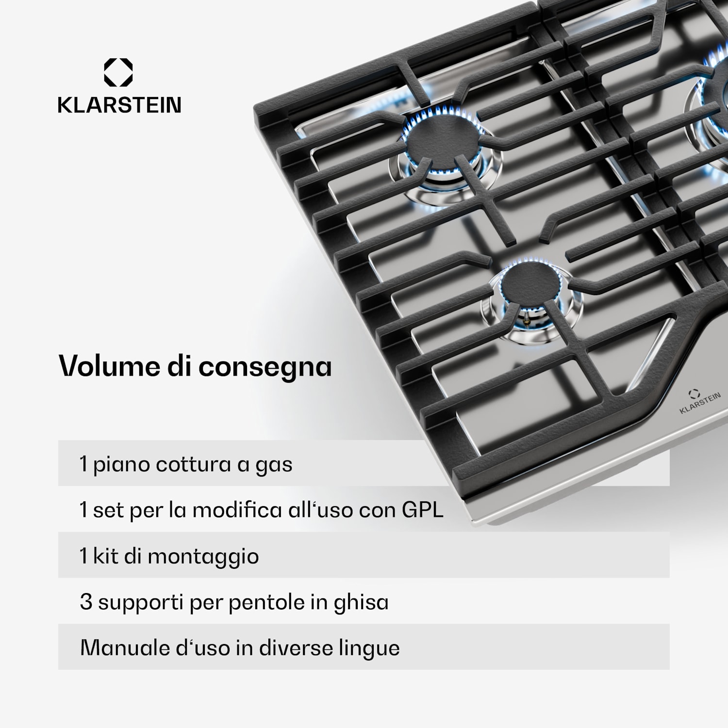 Turbocast piano cottura a gas | Acciaio inox 304 | 5 bruciatori | Portapentole professionale in ghisa | Bruciatore wok 90 cm | Acciaio inox | Argento