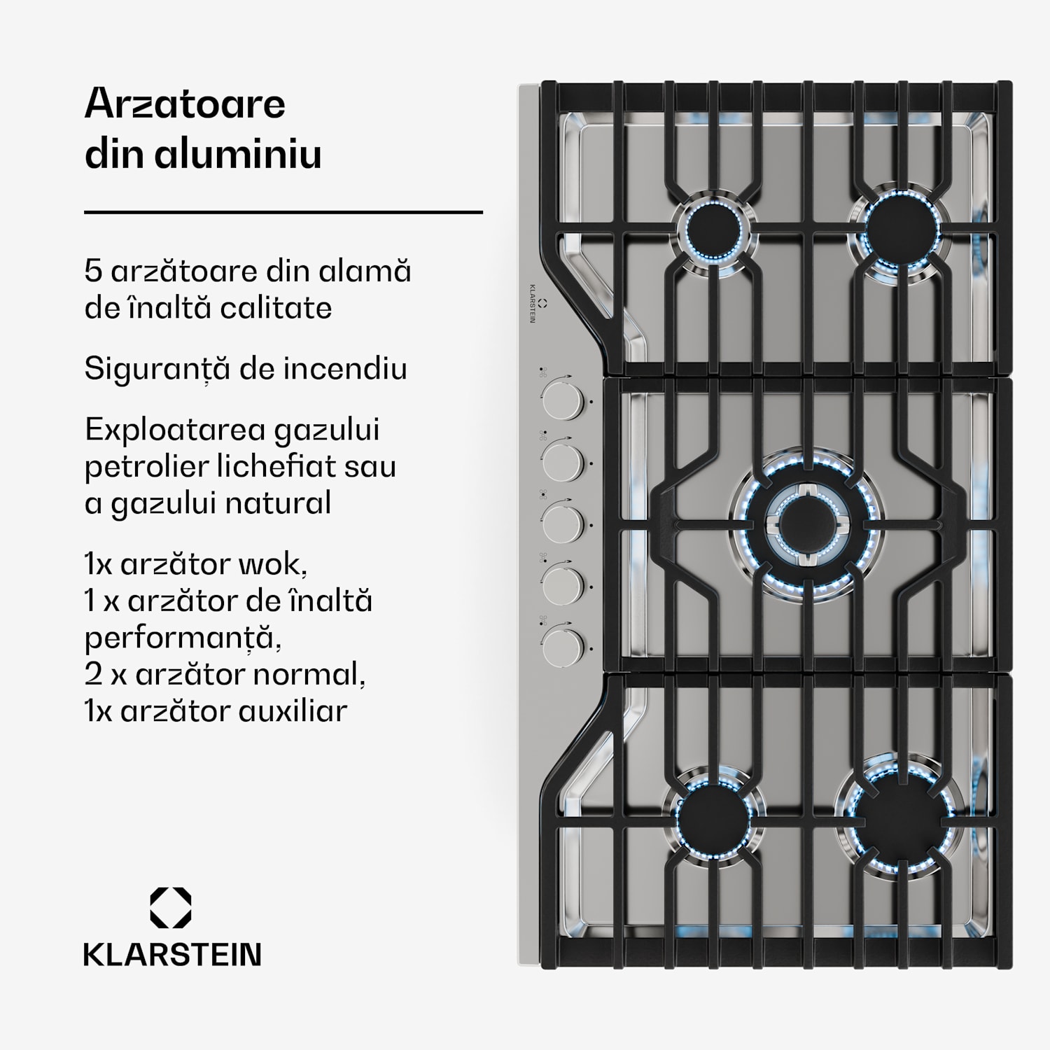 Turbocast plită pe gaz, Oțel inoxidabil 304, 5 arzătoare, Suport profesional din fontă, Arzător wok 90 cm | Oțel inoxidabil | Argintiu