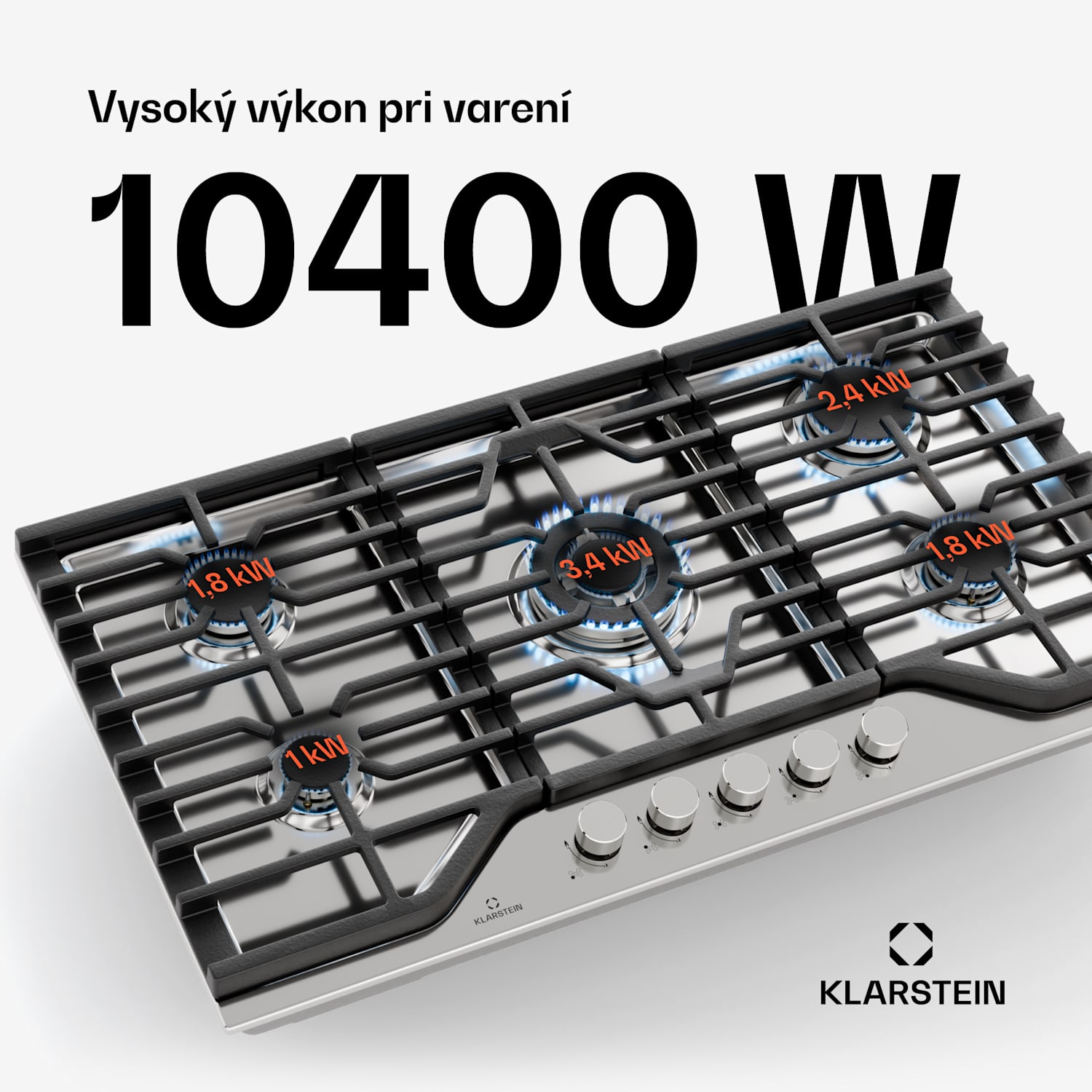Turbocast plynová varná doska, 304 nehrdzavejúca oceľ, 5 horákov, profesionálny liatinový držiak, horák wok 90 cm | Nerezová oceľ | Strieborná