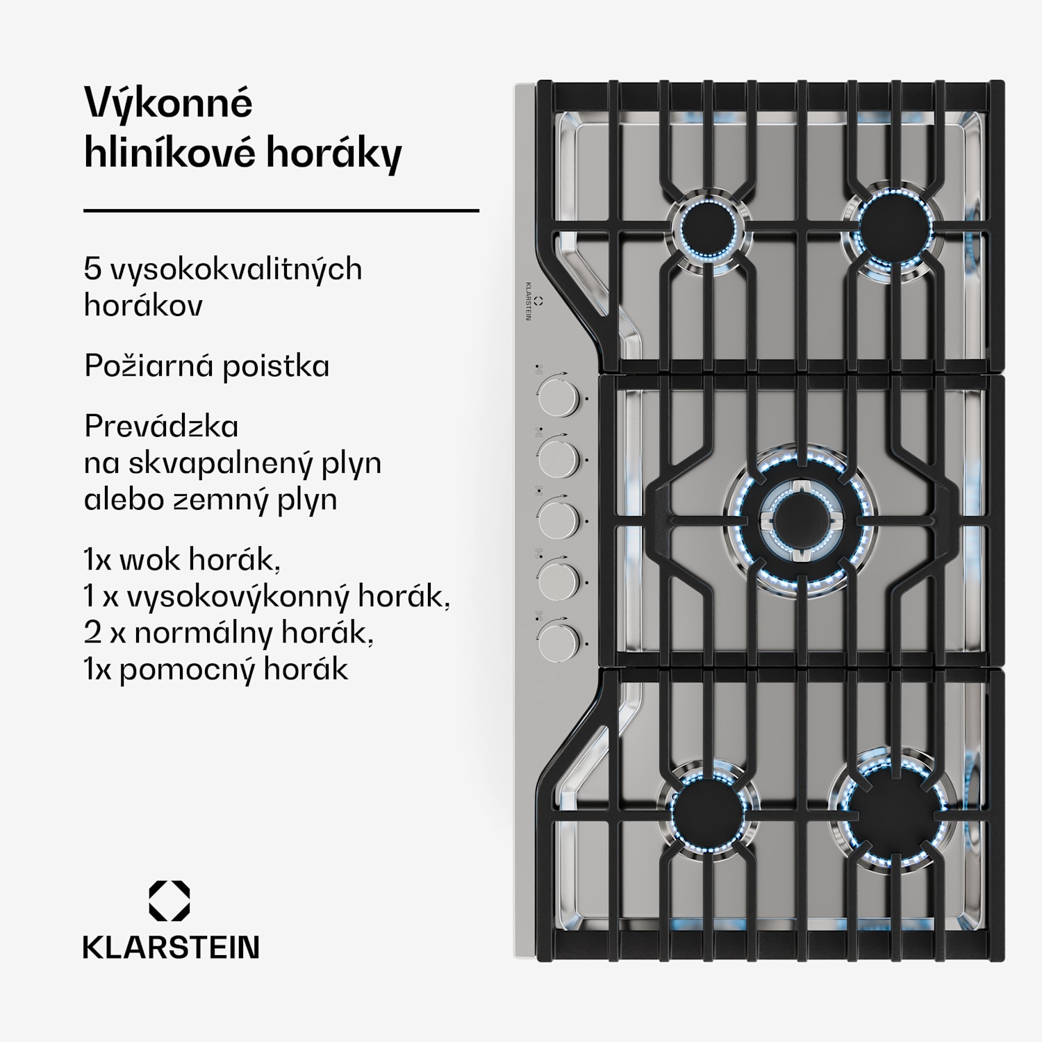 Turbocast plynová varná doska, 304 nehrdzavejúca oceľ, 5 horákov, profesionálny liatinový držiak, horák wok 90 cm | Nerezová oceľ | Strieborná