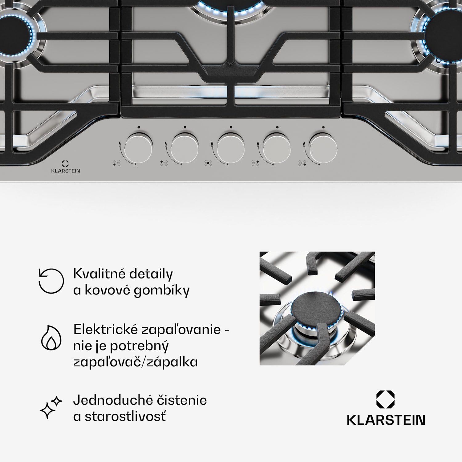 Turbocast plynová varná doska, 304 nehrdzavejúca oceľ, 5 horákov, profesionálny liatinový držiak, horák wok 90 cm | Nerezová oceľ | Strieborná