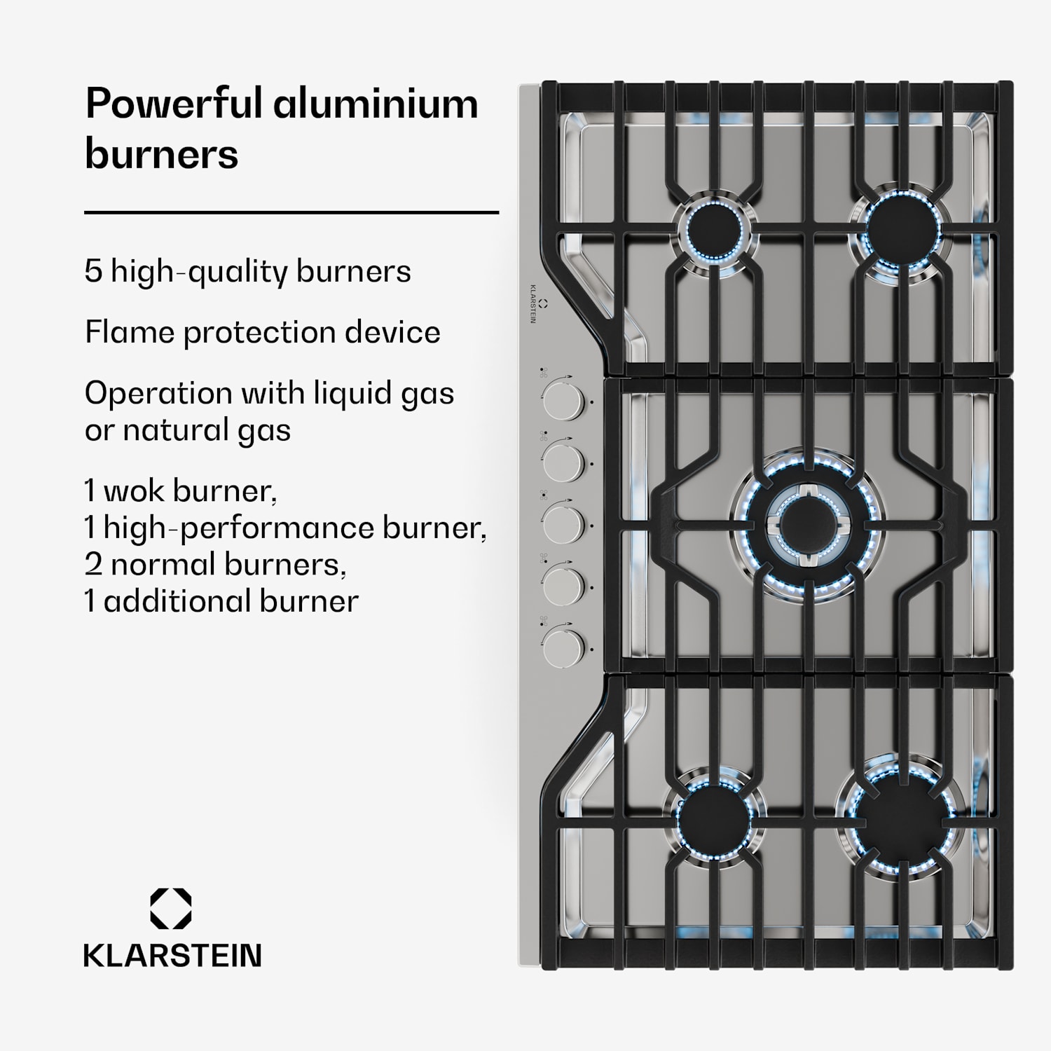 Turbocast gas hob | 304 stainless steel | 5 burners | professional cast iron holder | wok burner 