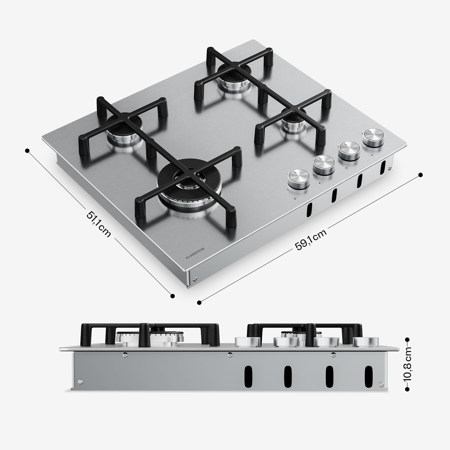 Illuminosa 4 placa de gas 4 quemadores quemadores Sabaf acero inoxidable 60 cm | Acero inoxidable | Plata