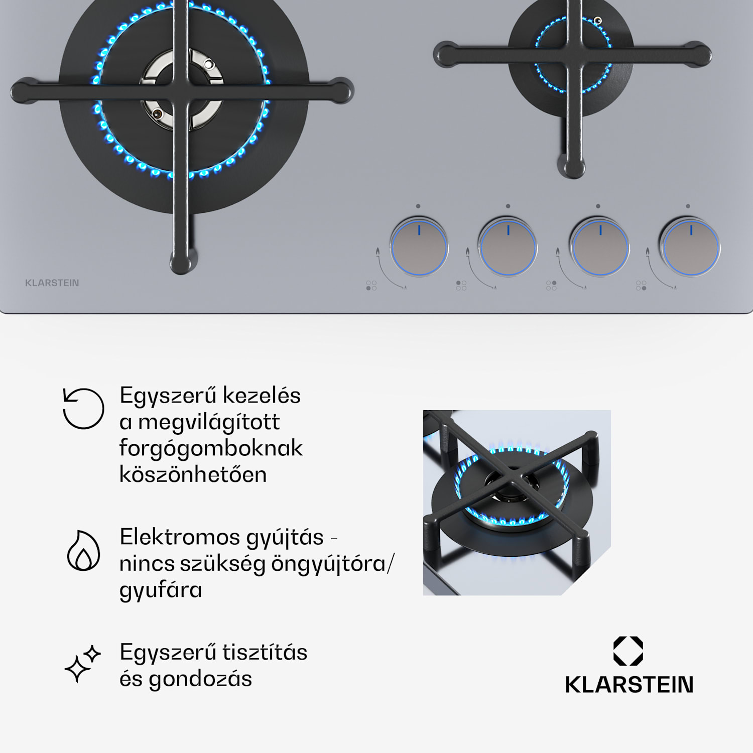 Illuminosa 4 gáz főzőlap 4 égő Sabaf rozsdamentes acél égő 60 cm | Rozsdamentes acél | Ezüst