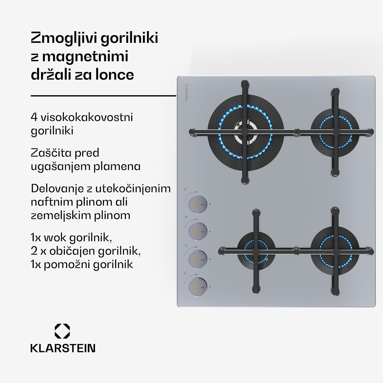 Plinska kuhalna plošča Illuminosa 4 s 4 gorilniki Sabaf gorilnik iz nerjavečega jekla 60 cm | Nerjaveče jeklo | Srebrna