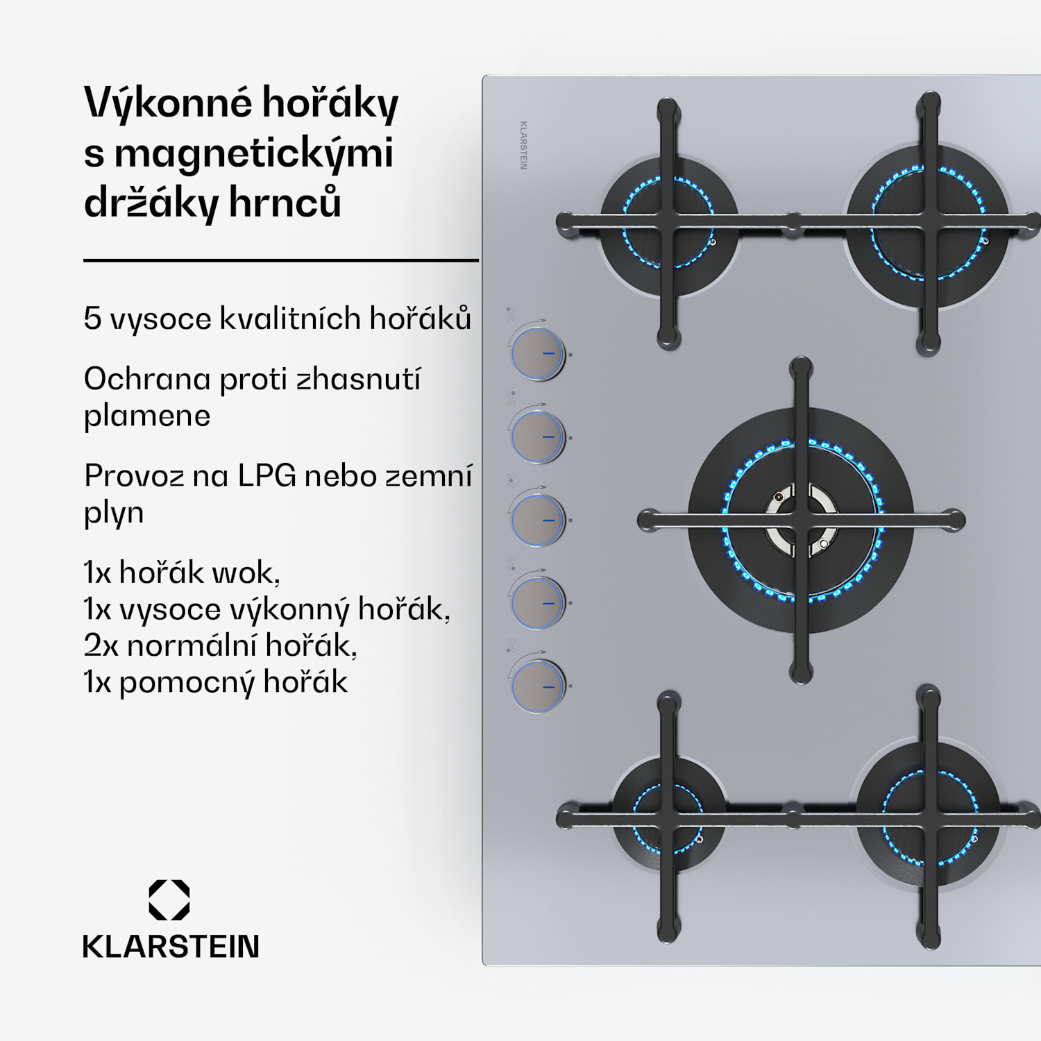 Illuminosa 5 plynová varná deska 5 hořáků Sabaf hořák z nerezové oceli 75cm | Nerezová ocel | Stříbrná