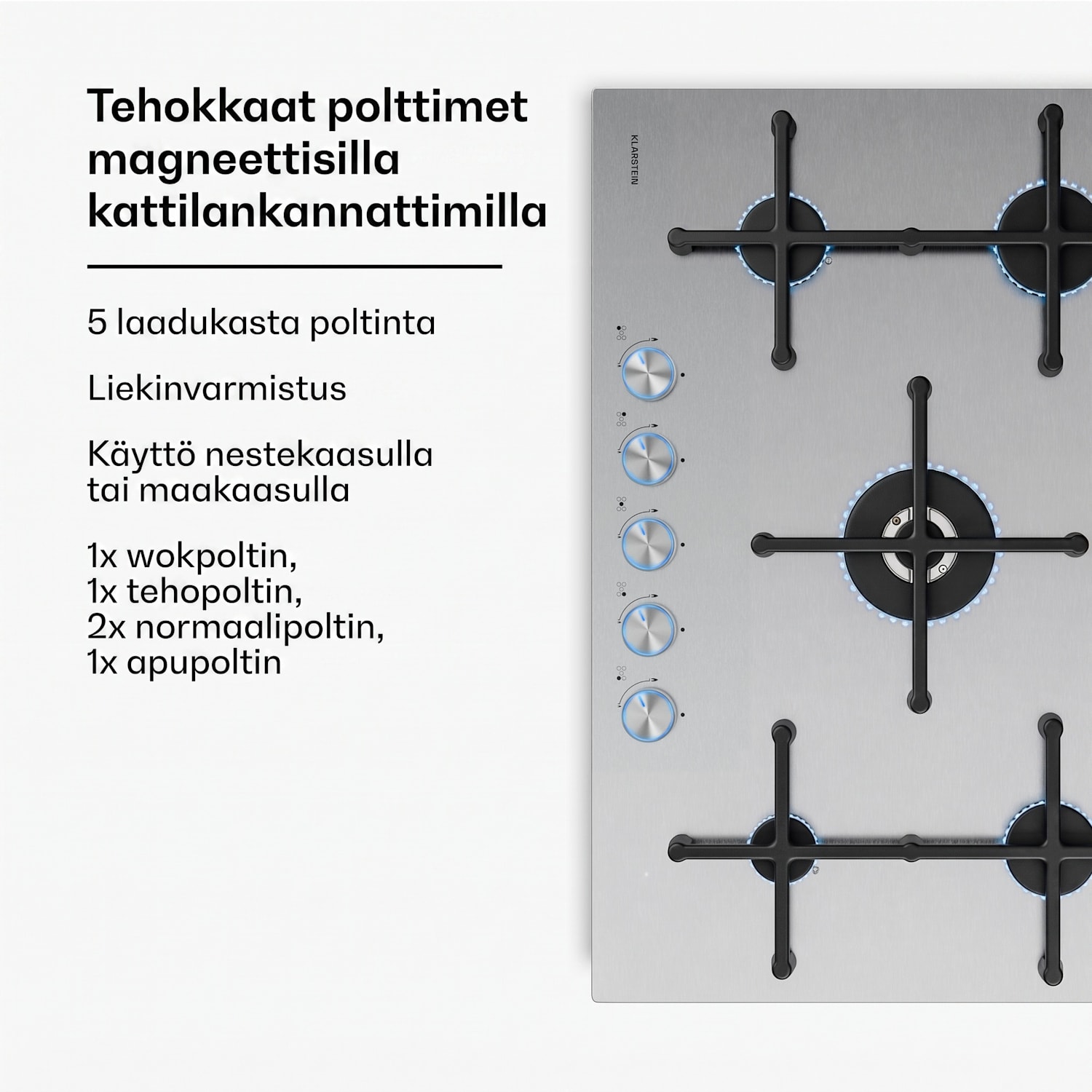 Illuminosa 5 kaasuliesi 5-polttimolla Sabaf-polttimet ruostumatonta terästä 75 cm | Ruostumaton Teräs | Hopea