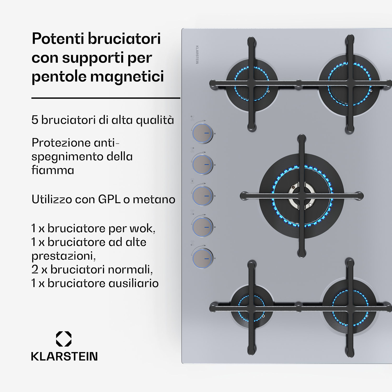 Illuminosa 5 piano cottura a gas 5 fuochi bruciatore Sabaf acciaio inox 75 cm | Acciaio inox | Argento
