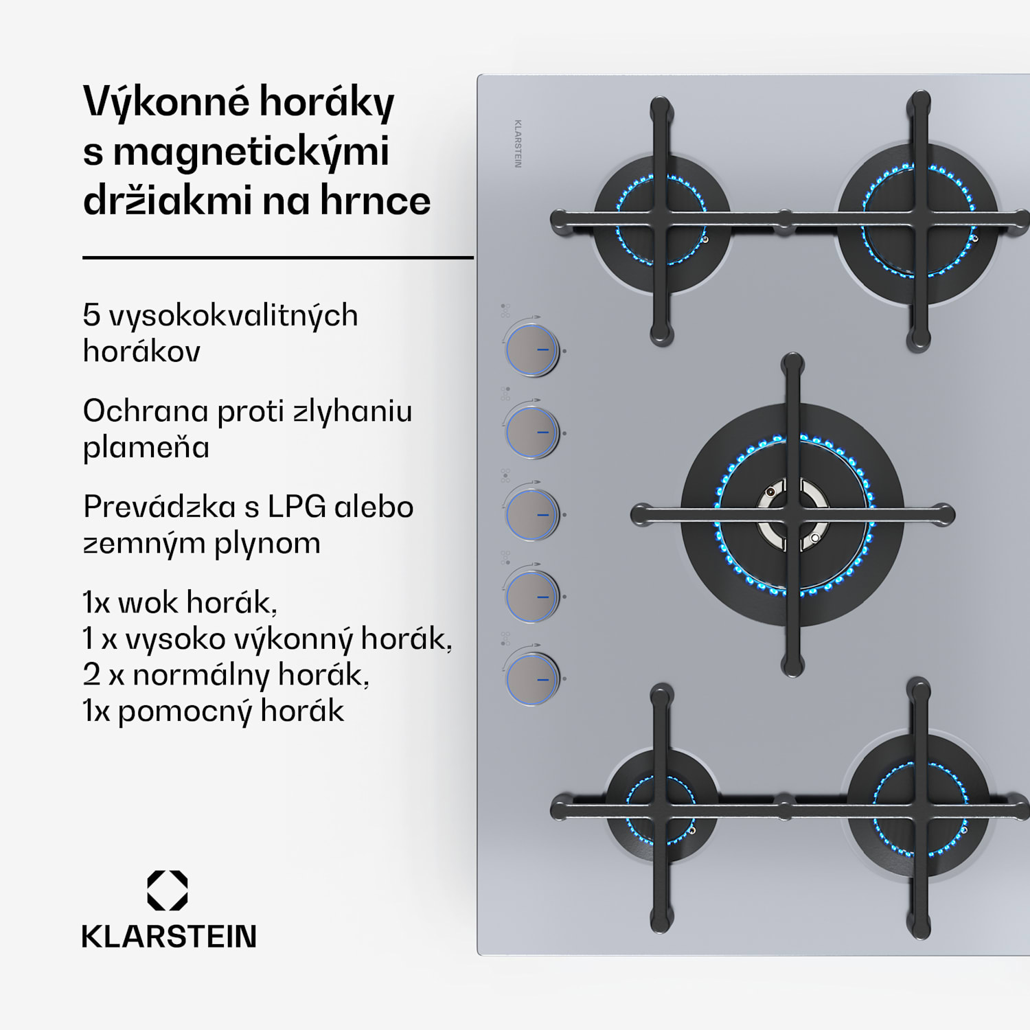 Illuminosa 5 plynová varná doska 5-horáková Sabaf horák z nehrdzavejúcej ocele 75 cm | Nerezová oceľ | Strieborná