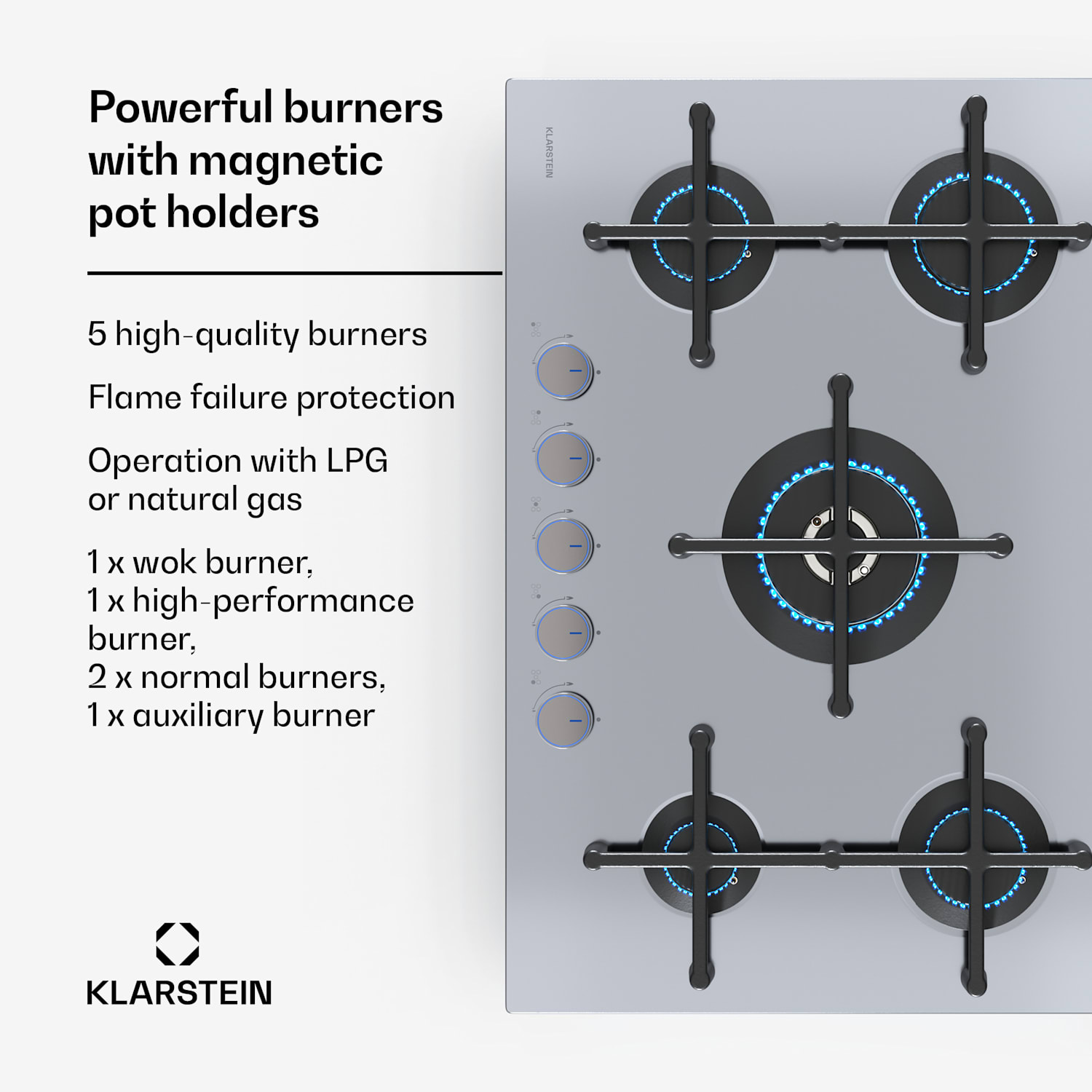 Illuminosa 5 kaasukeittotaso 5-polttimella Sabaf-poltin ruostumatonta terästä 75 cm | Ruostumaton Teräs | Hopea