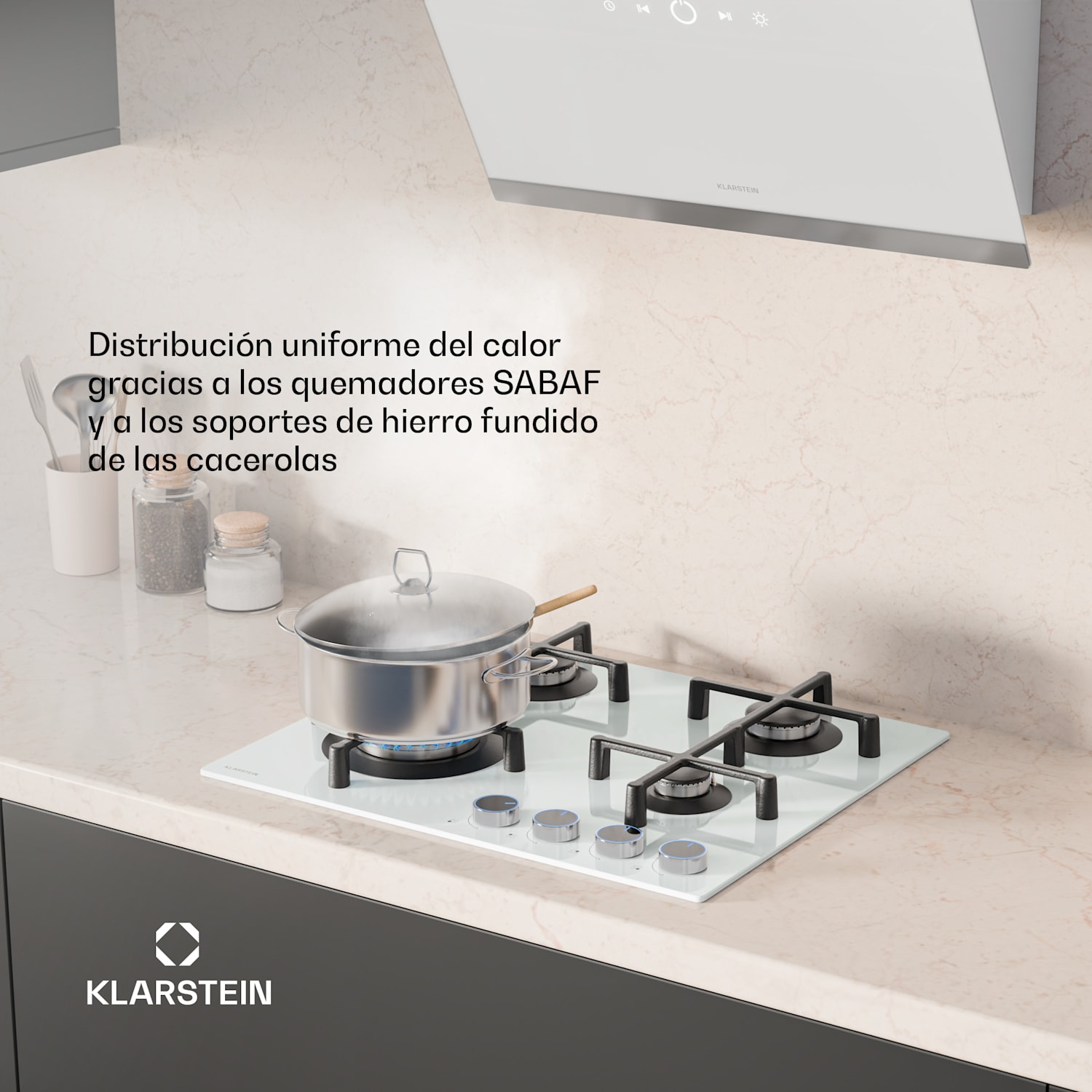 Illuminosa 4 cocina de gas 4 fuegos quemadores Sabaf cerámica de vidrio 60 cm | Cristal | Blanco