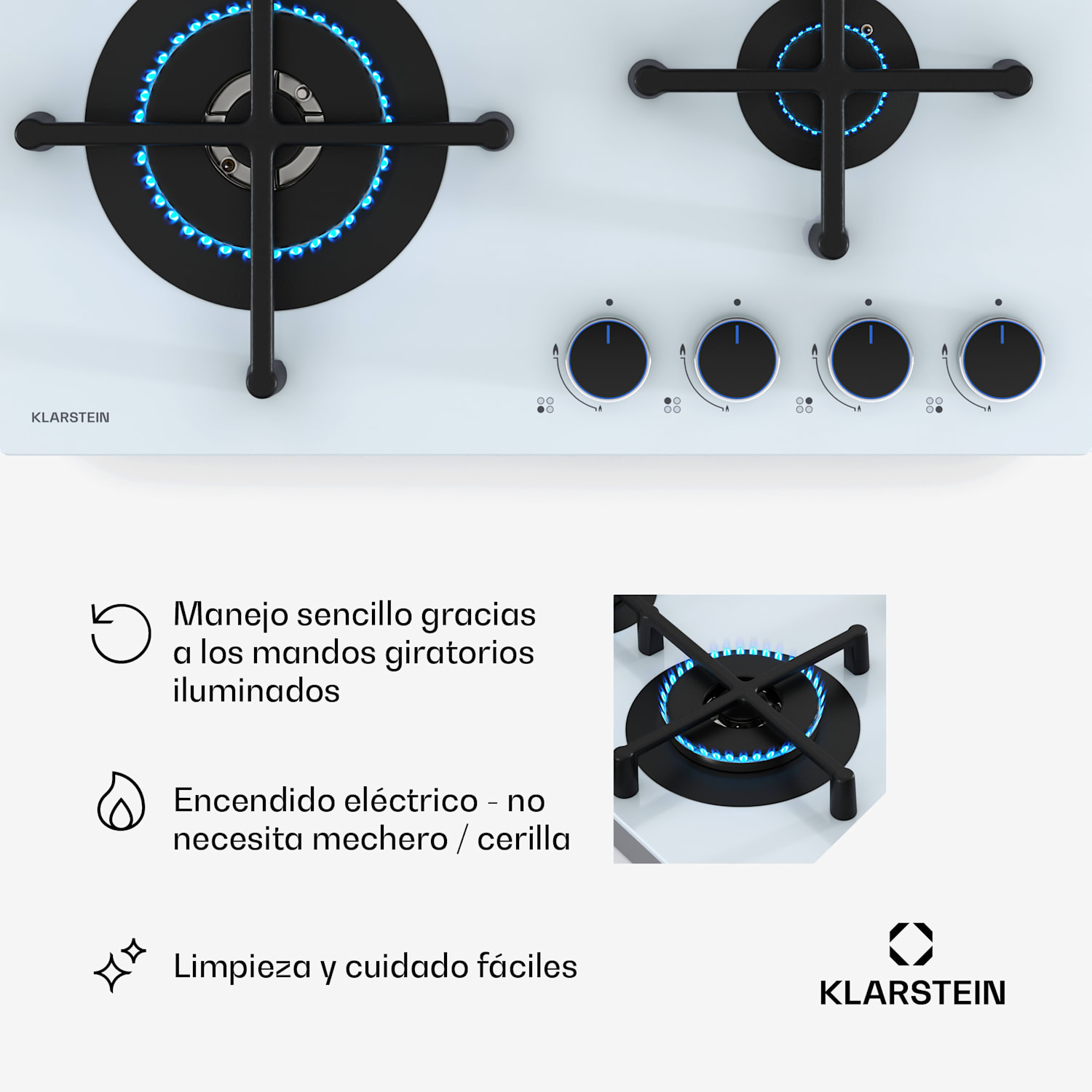Illuminosa 4 cocina de gas 4 fuegos quemadores Sabaf cerámica de vidrio 60 cm | Cristal | Blanco
