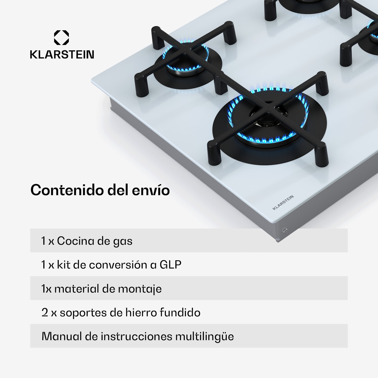 Illuminosa 4 cocina de gas 4 fuegos quemadores Sabaf cerámica de vidrio 60 cm | Cristal | Blanco