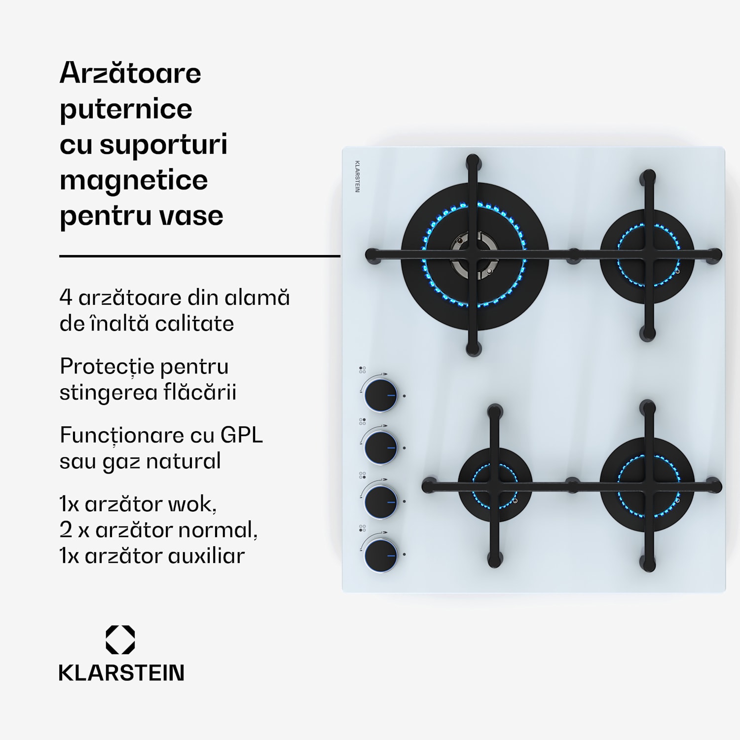 Illuminosa 4 plita pe gaz cu 4 arzătoare Sabaf din vitroceramică. 60 cm | Sticlă | Alb