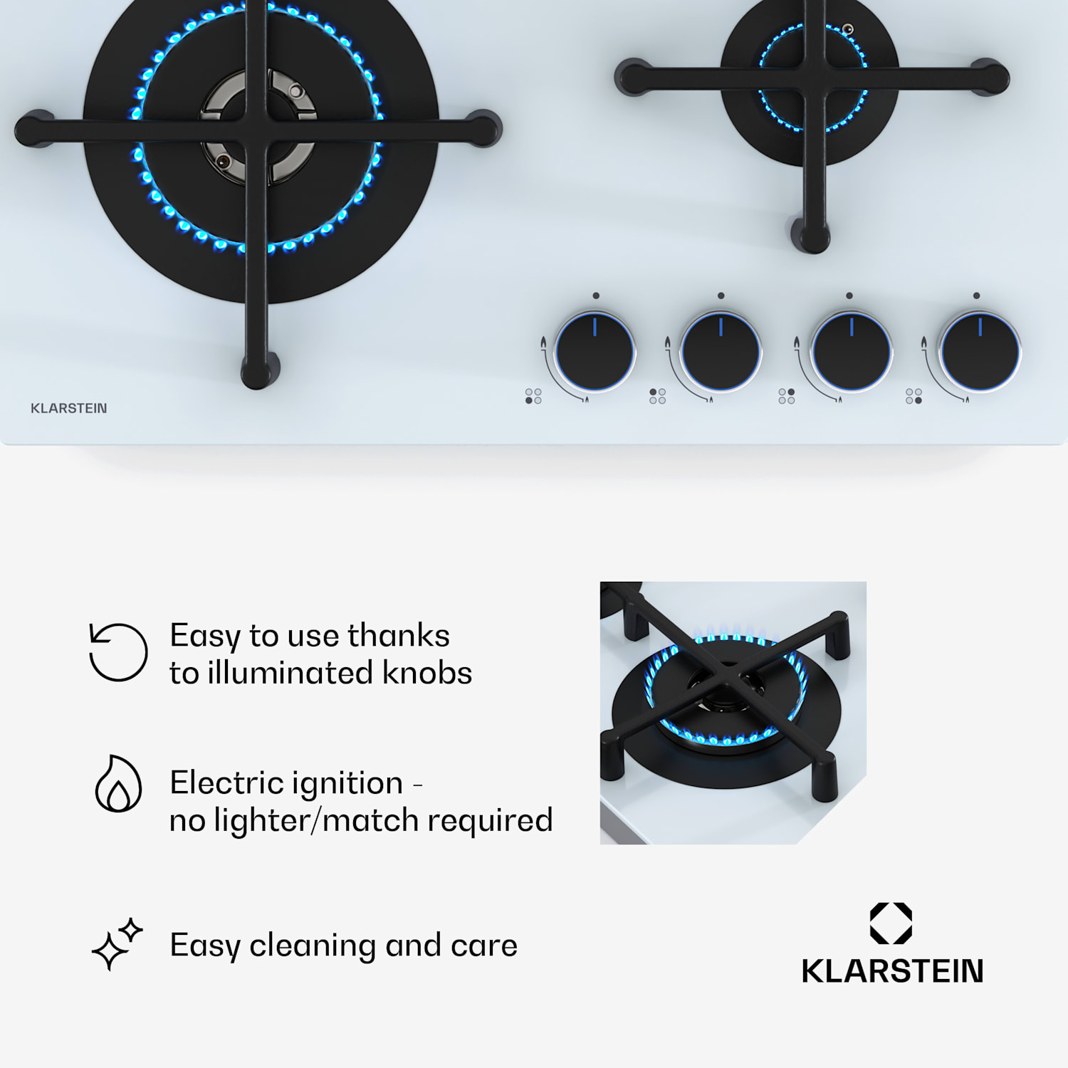 Illuminosa 4 kaasuliesi 4-levyinen Sabaf-poltin lasikeraamilla 60 cm | Lasi | Valkoinen