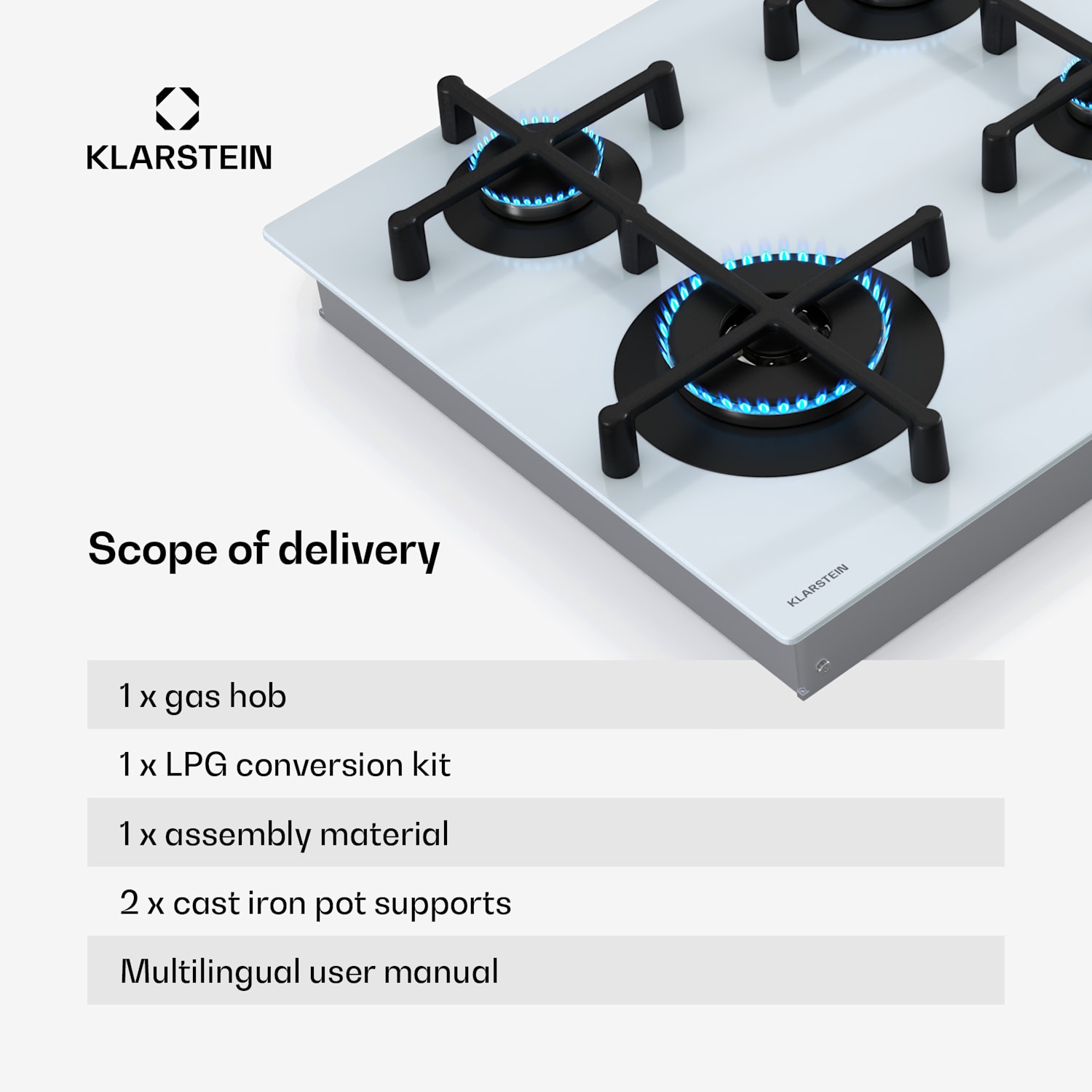 Illuminosa 4 kaasuliesi 4-levyinen Sabaf-poltin lasikeraamilla 60 cm | Lasi | Valkoinen