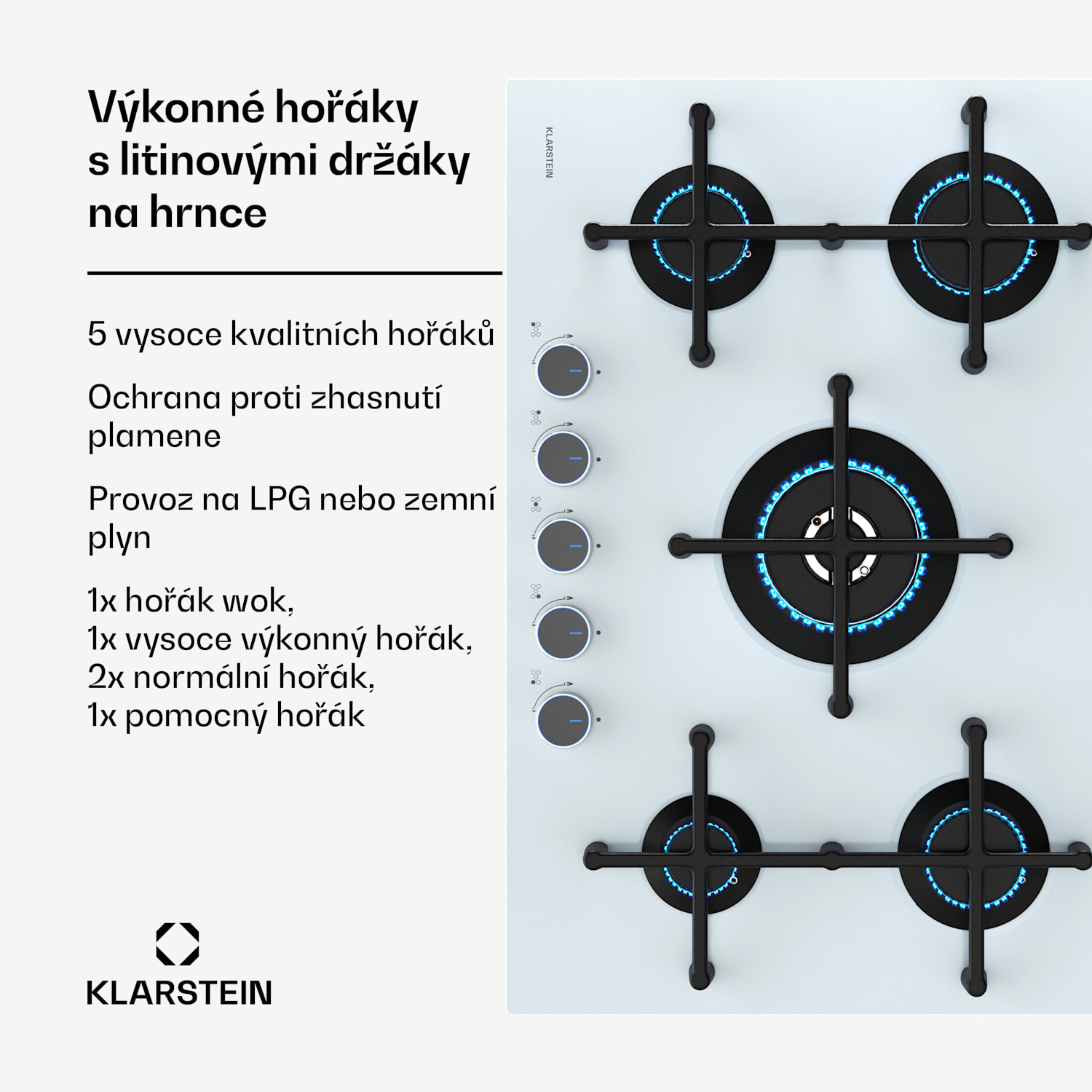 Plynová varná deska Illuminosa 5 Sklokeramický hořák Sabaf s 5 hořáky 75cm | Sklo | Bílá