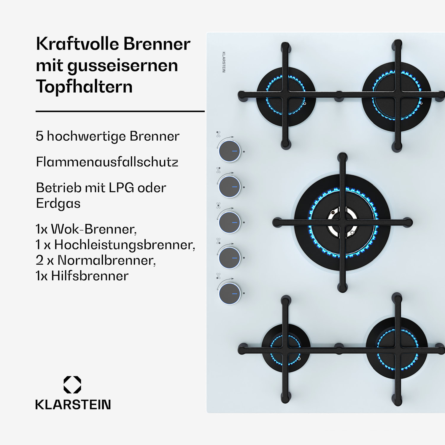 Illuminosa 5 Gaskochfeld 5-flammig Sabaf-Brenner Glaskeramik 75 cm | Glas | Weiß