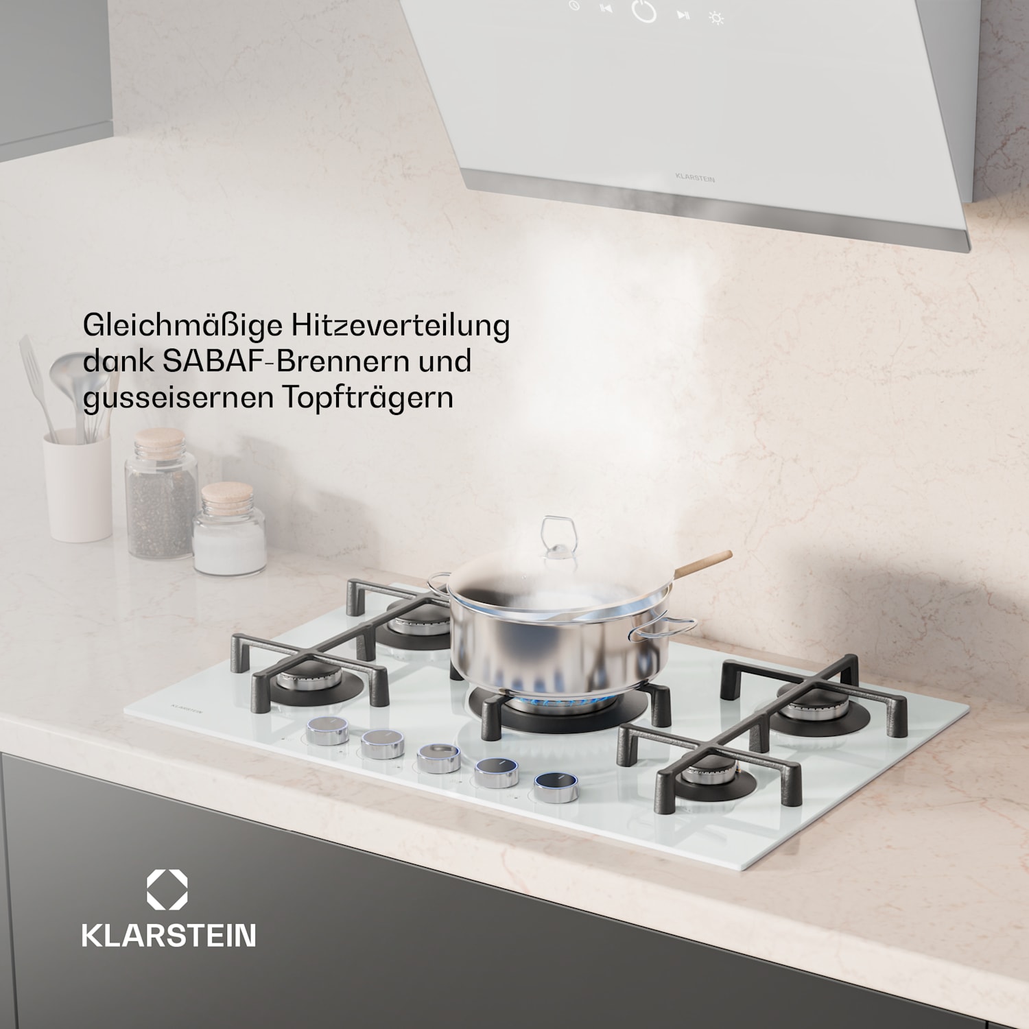 Illuminosa 5 Gaskochfeld 5-flammig Sabaf-Brenner Glaskeramik 75 cm | Glas | Weiß