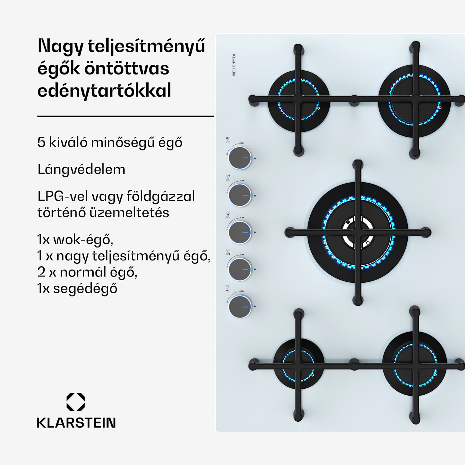 Illuminosa 5 gáz főzőlap Üvegkerámia Sabaf égő 5 égővel 75 cm | Üveg | Fehér