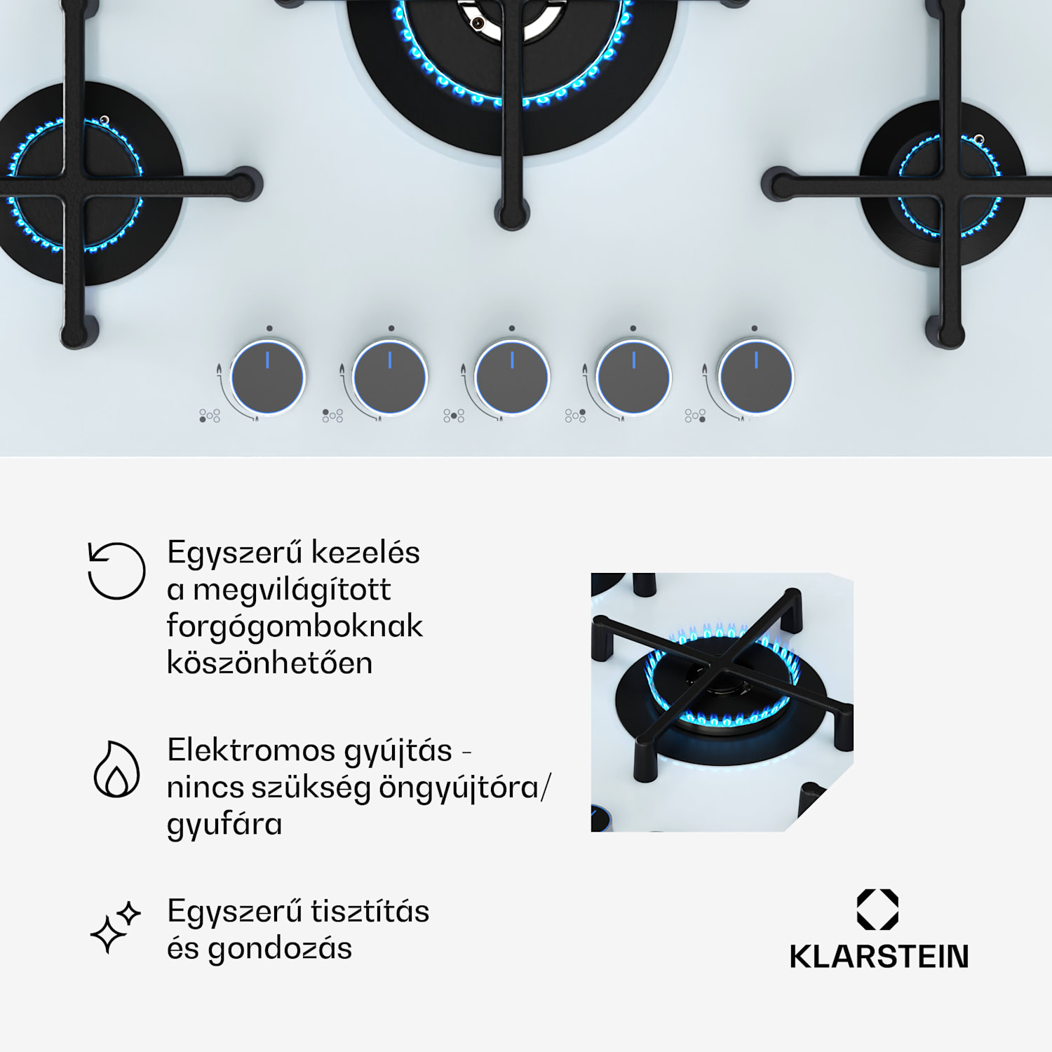Illuminosa 5 gáz főzőlap Üvegkerámia Sabaf égő 5 égővel 75 cm | Üveg | Fehér