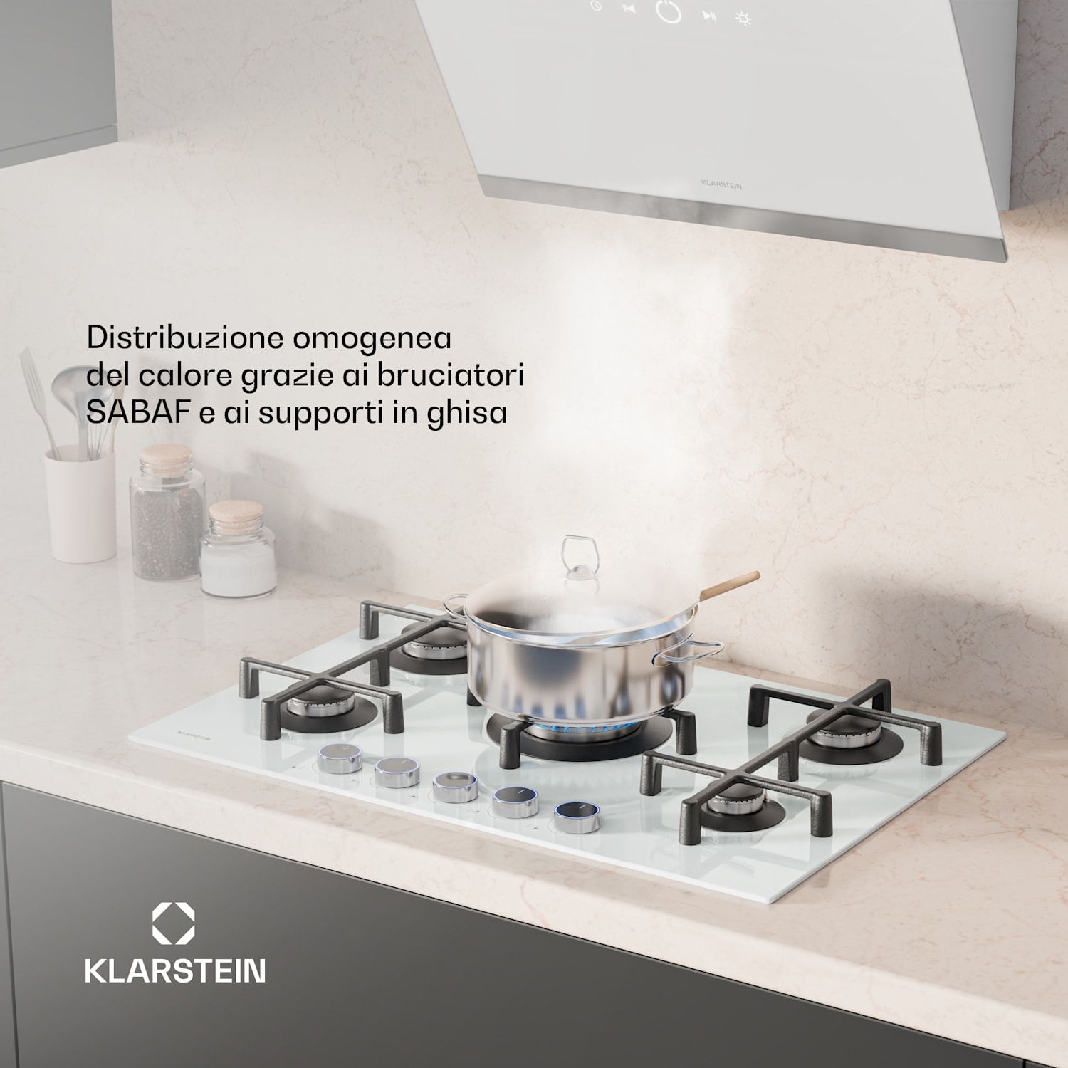 Illuminosa 5 piano cottura a gas 5 fuochi bruciatore Sabaf vetroceramica 75 cm | Vetro | Bianco