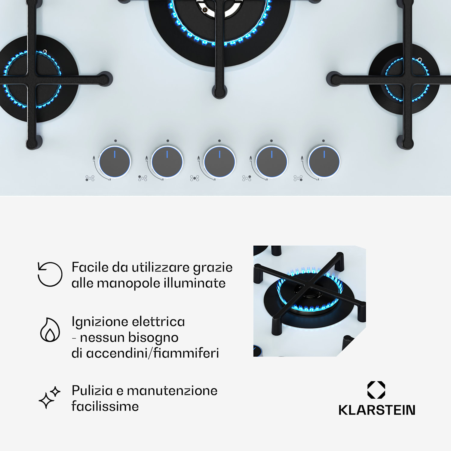 Illuminosa 5 piano cottura a gas 5 fuochi bruciatore Sabaf vetroceramica 75 cm | Vetro | Bianco