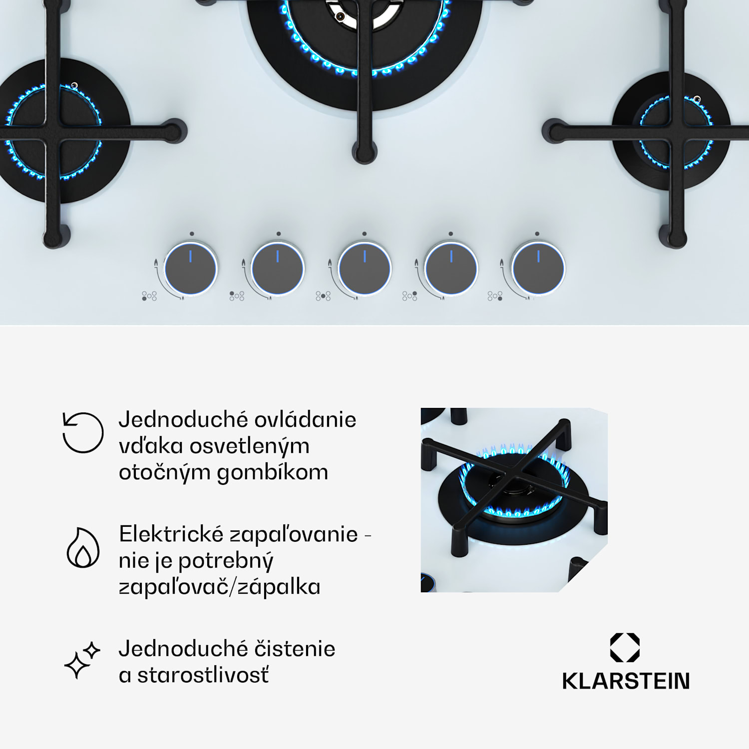 Plynová varná doska Illuminosa 5 Sklokeramický horák Sabaf s 5 horákmi 75 cm | Sklo | Biela
