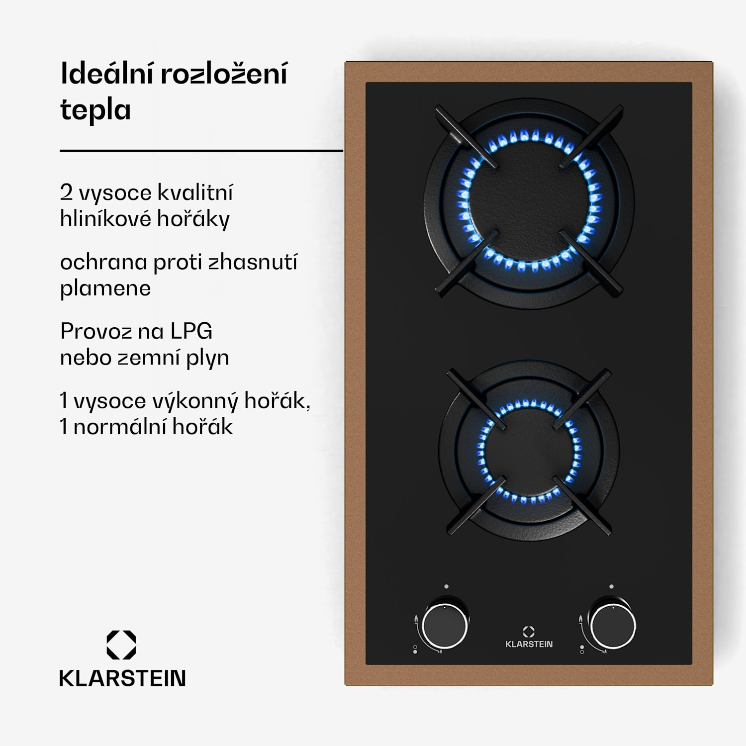 Lumiflame plynová varná deska, 2 hořáky, měděný rám, elektrické zapalování, výkon 4,2 kW 30 cm | Sklo | Černá