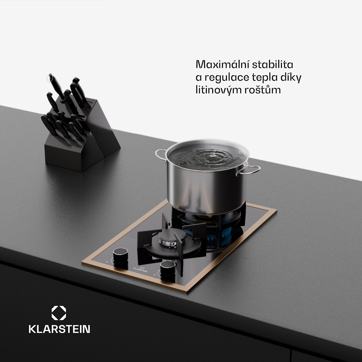 Lumiflame plynová varná deska, 2 hořáky, měděný rám, elektrické zapalování, výkon 4,2 kW 30 cm | Sklo | Černá