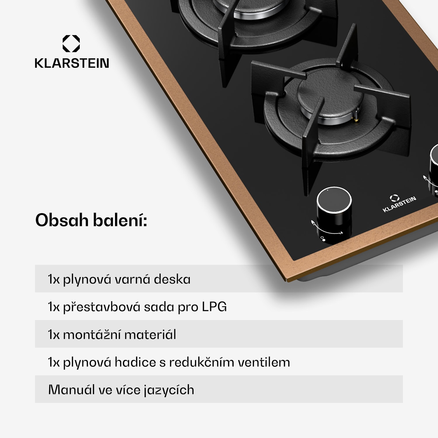 Lumiflame plynová varná deska, 2 hořáky, měděný rám, elektrické zapalování, výkon 4,2 kW 30 cm | Sklo | Černá