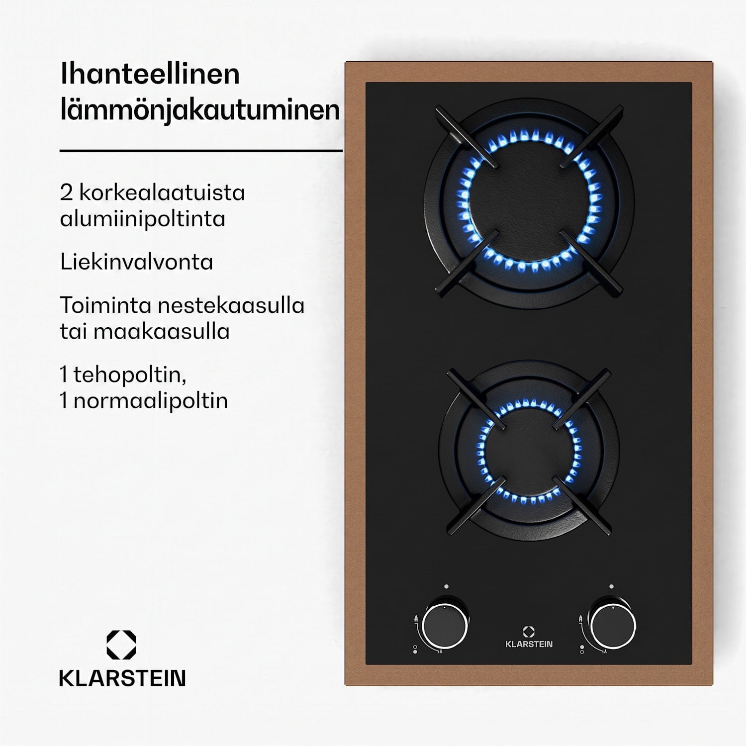 Lumiflame-kaasuliesitaso | 2 poltinta | kuparikehys | sähkösytytys | 4,2 kW teho 30 cm | Lasi | Musta