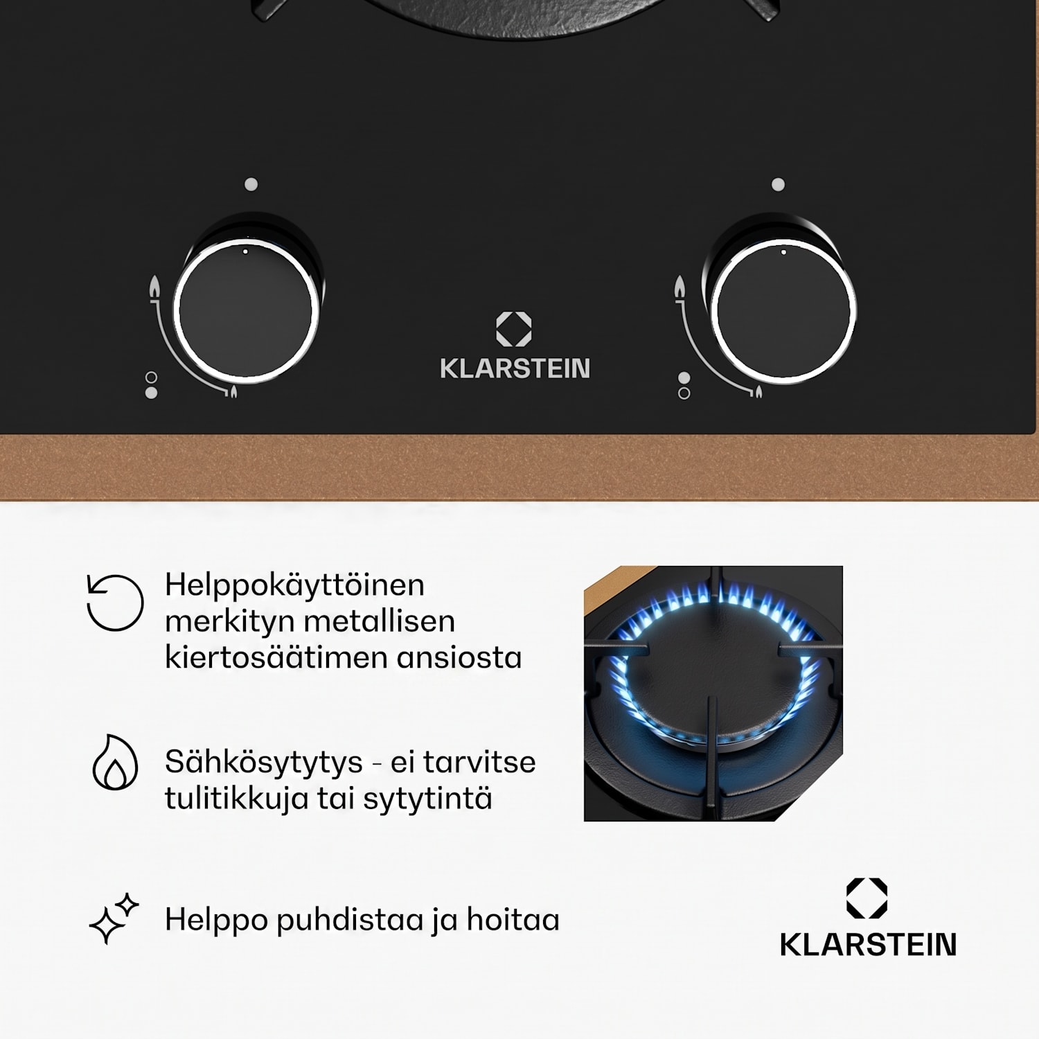 Lumiflame-kaasuliesitaso | 2 poltinta | kuparikehys | sähkösytytys | 4,2 kW teho 30 cm | Lasi | Musta