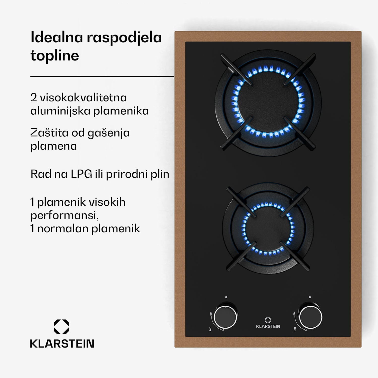 Lumiflame plinska ploča za kuhanje, 2 plamenika, bakreni okvir, električno paljenje, snaga 4,2 kW 30 cm | Staklo | Crna