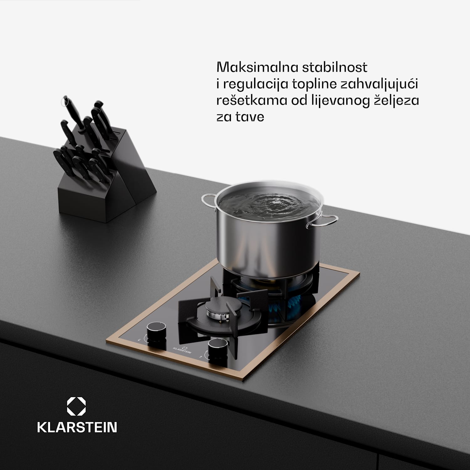 Lumiflame plinska ploča za kuhanje, 2 plamenika, bakreni okvir, električno paljenje, snaga 4,2 kW 30 cm | Staklo | Crna