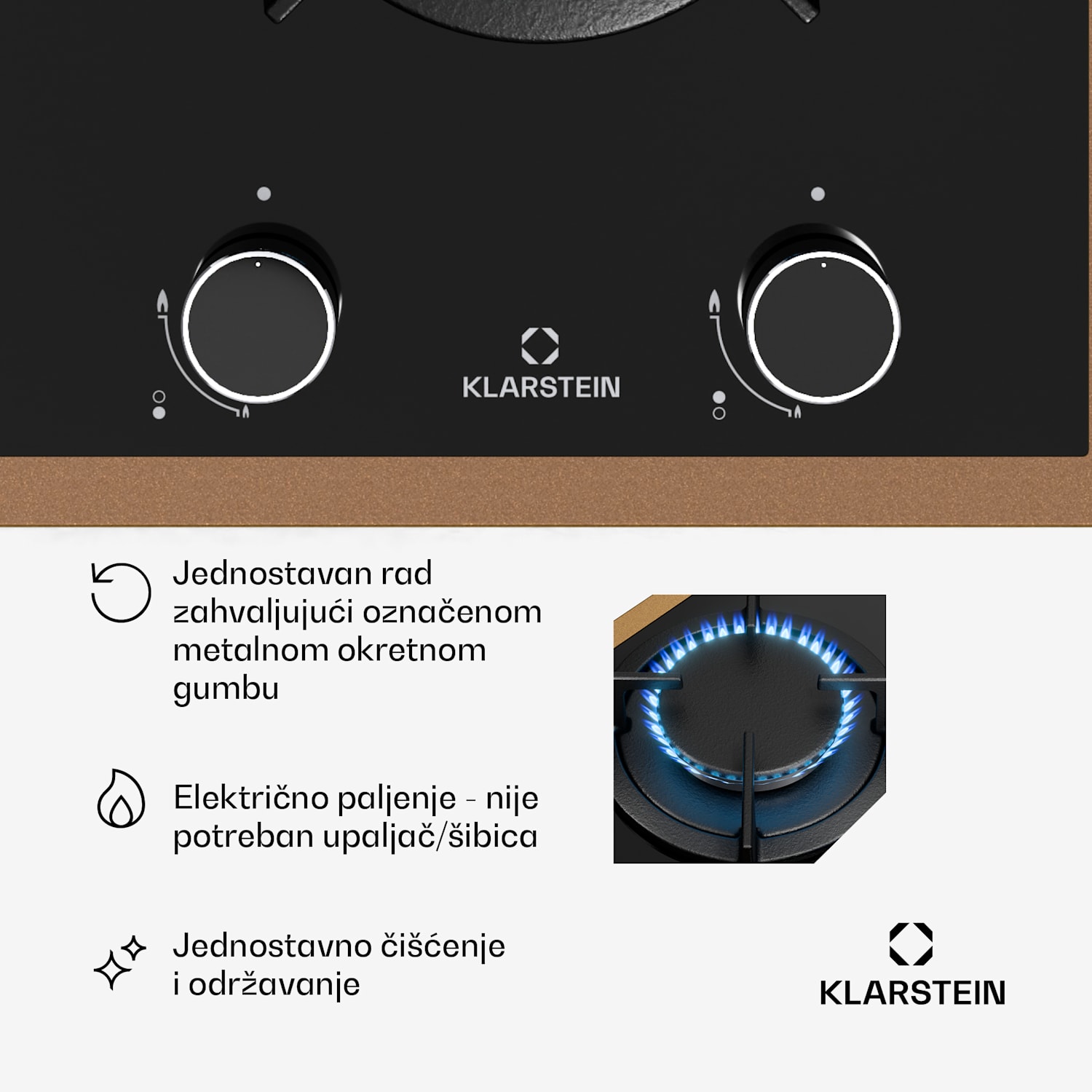 Lumiflame plinska ploča za kuhanje, 2 plamenika, bakreni okvir, električno paljenje, snaga 4,2 kW 30 cm | Staklo | Crna