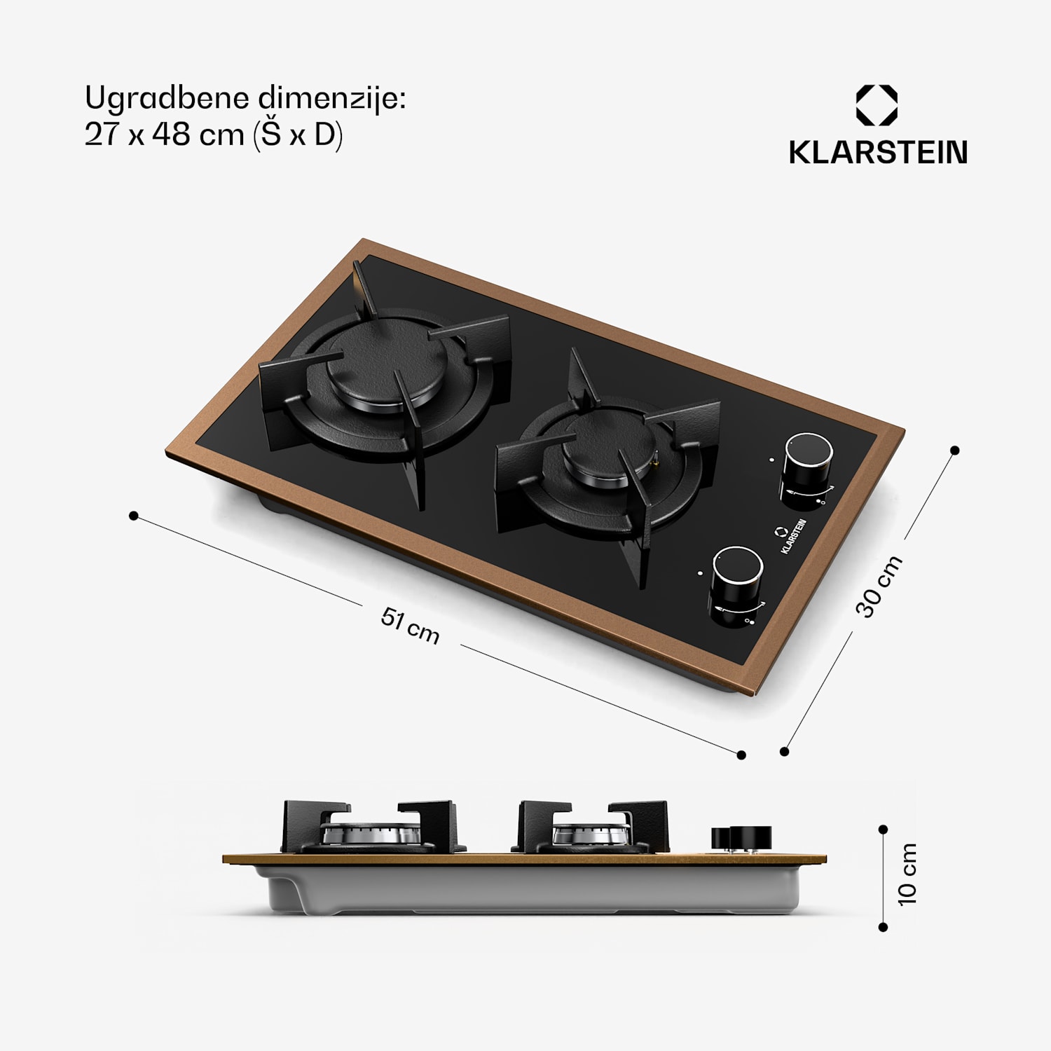 Lumiflame plinska ploča za kuhanje, 2 plamenika, bakreni okvir, električno paljenje, snaga 4,2 kW 30 cm | Staklo | Crna