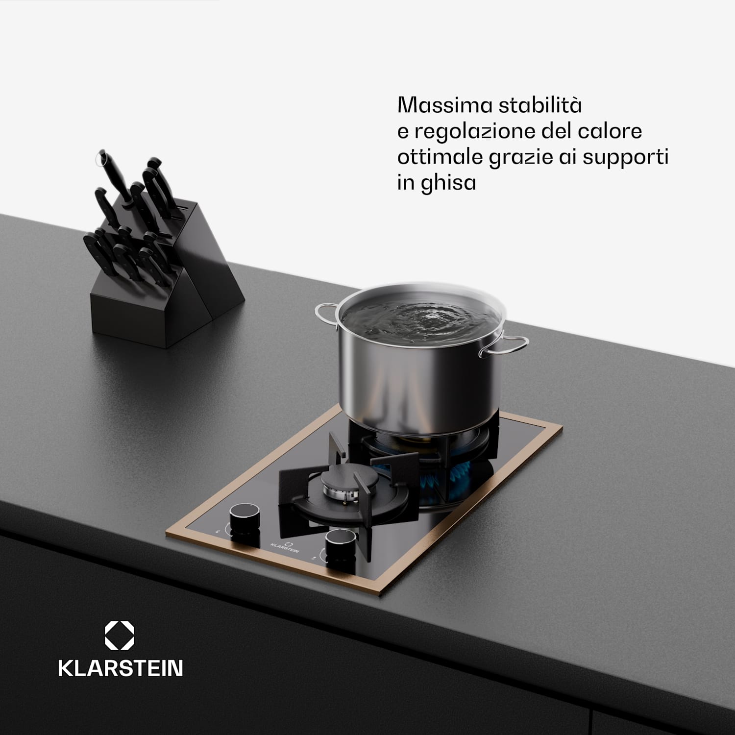 Lumiflame Piano cottura a gas | 2 bruciatori | Telaio in rame | Accensione elettrica | Potenza 4,2 kW 30 cm | Vetro | Nero