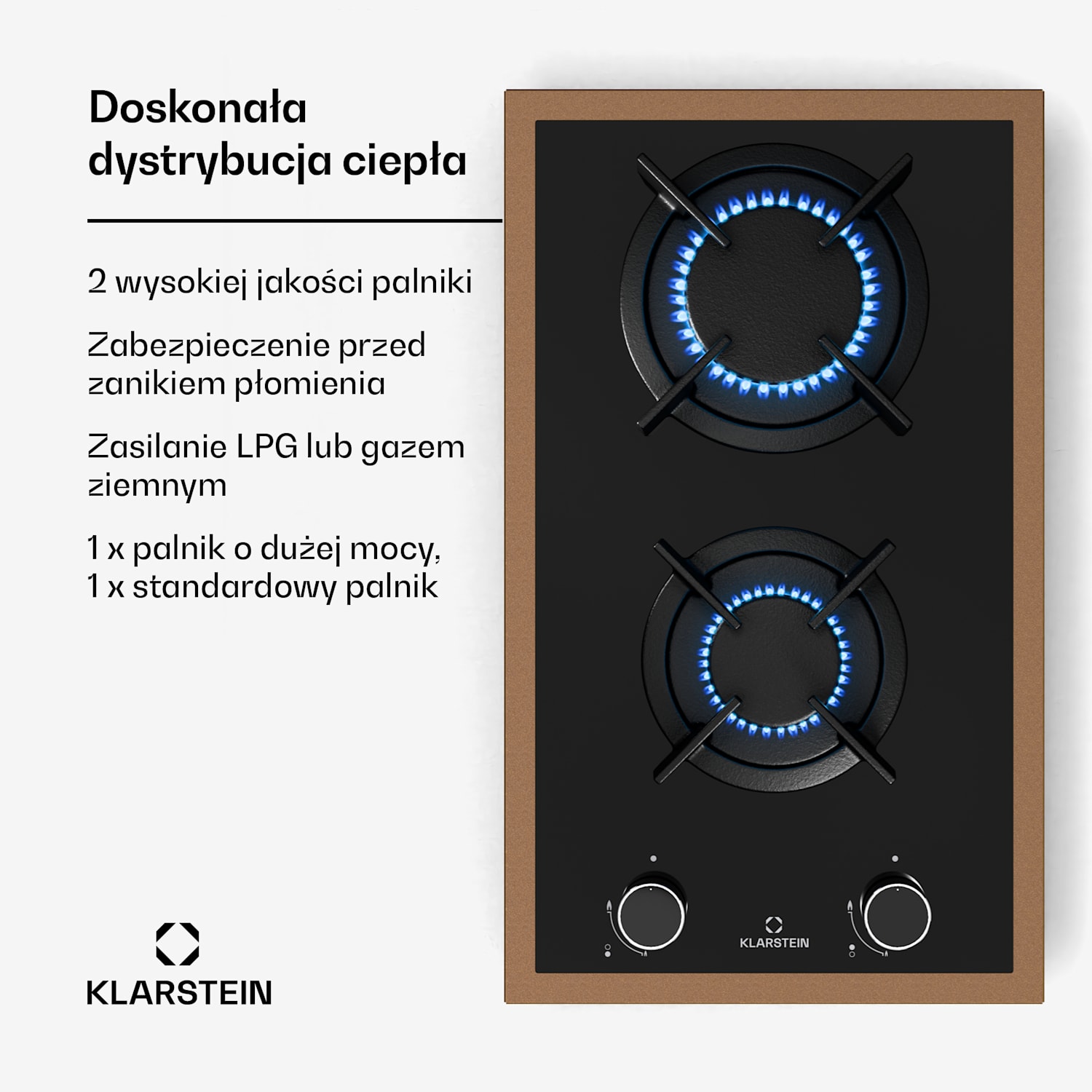 Lumiflame płyta gazowa, 2 palniki, miedziana rama, zapłon elektryczny, 4,2 kW 30 cm | Szkło | Czarny