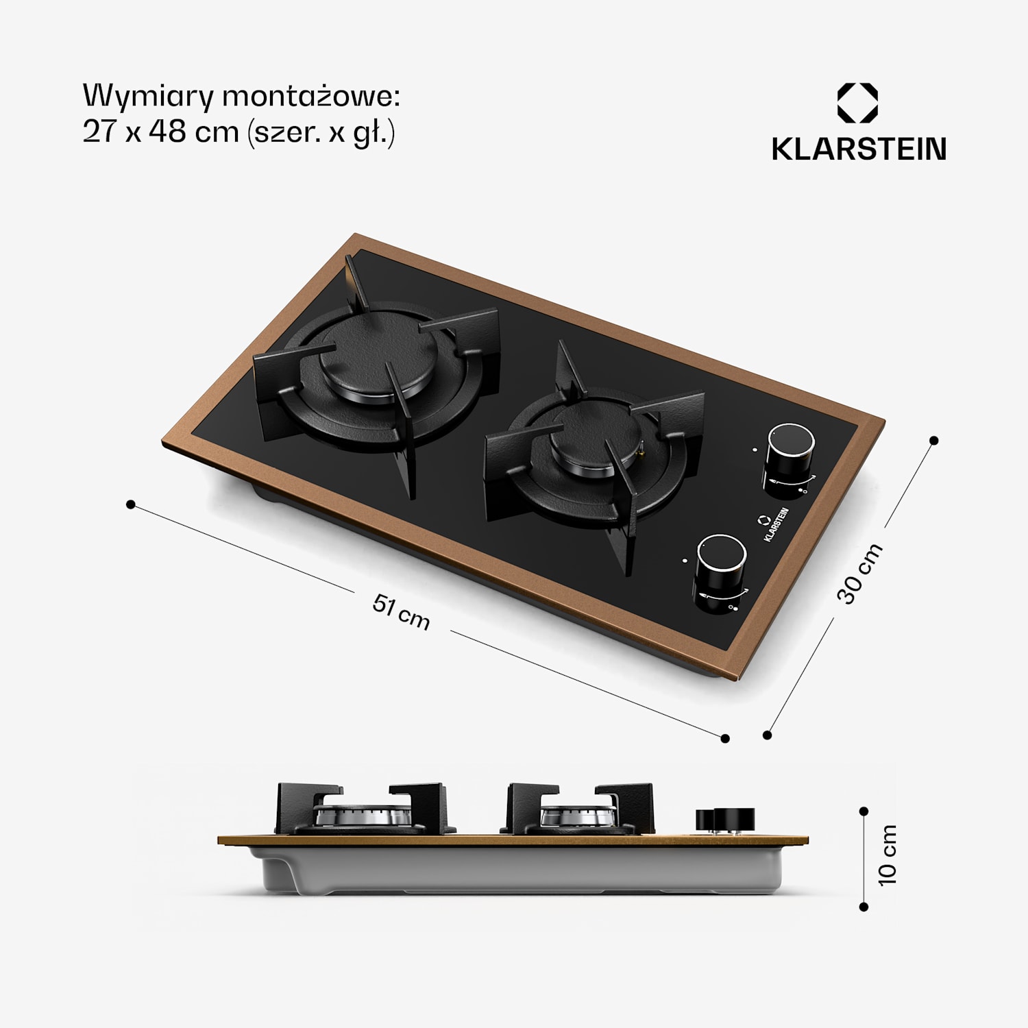 Lumiflame płyta gazowa, 2 palniki, miedziana rama, zapłon elektryczny, 4,2 kW 30 cm | Szkło | Czarny